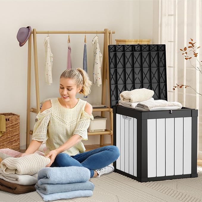 DRATO 51 Gallon Deck Boxes Resin Outdoor Storage Box UV Resistant Outside Deck Box with Lockable Lid for Patio Furniture（Black and White，51 Gallon）