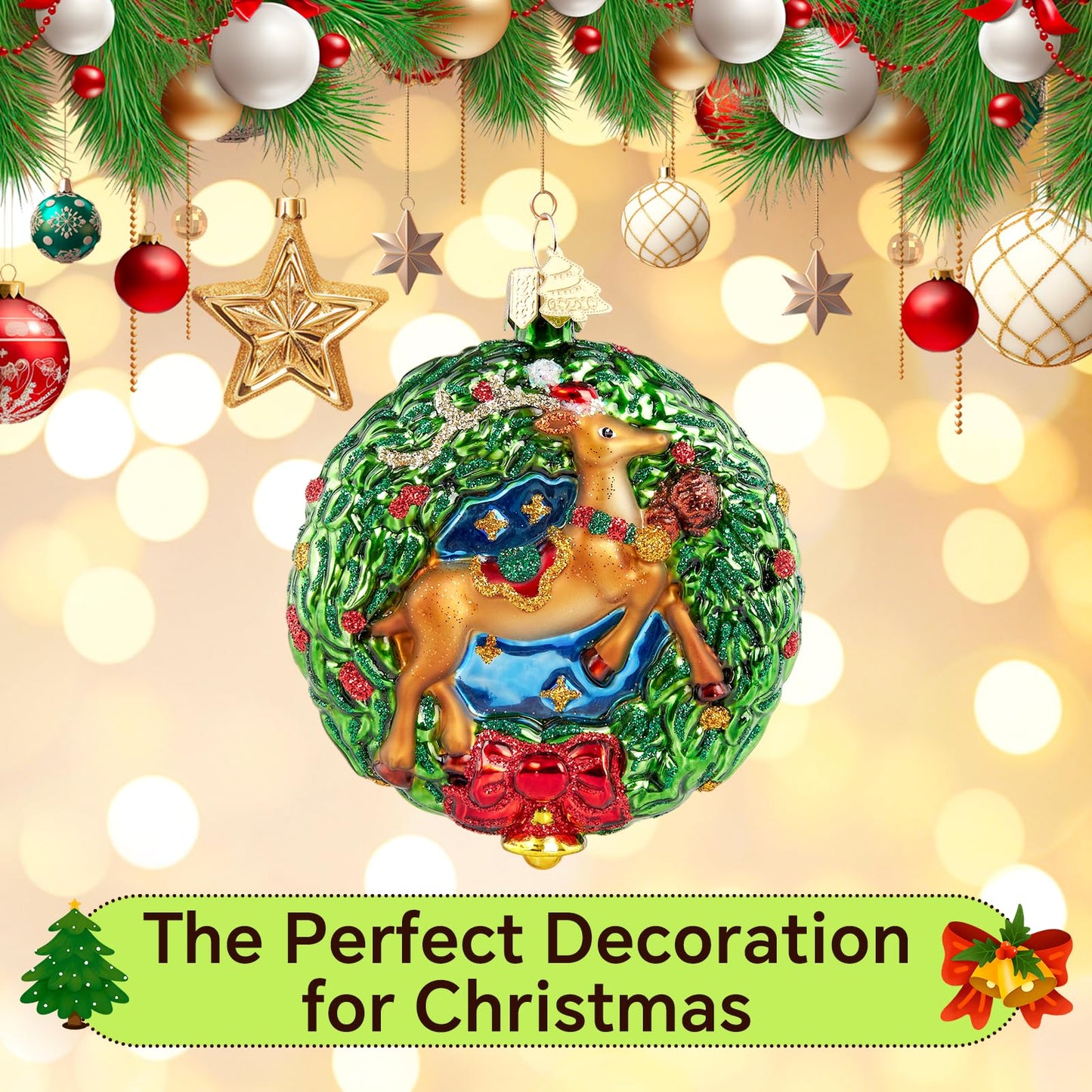Hzyc Glass Christmas Ornament,Reindeer Wreath Ornament,Christmas Decoration