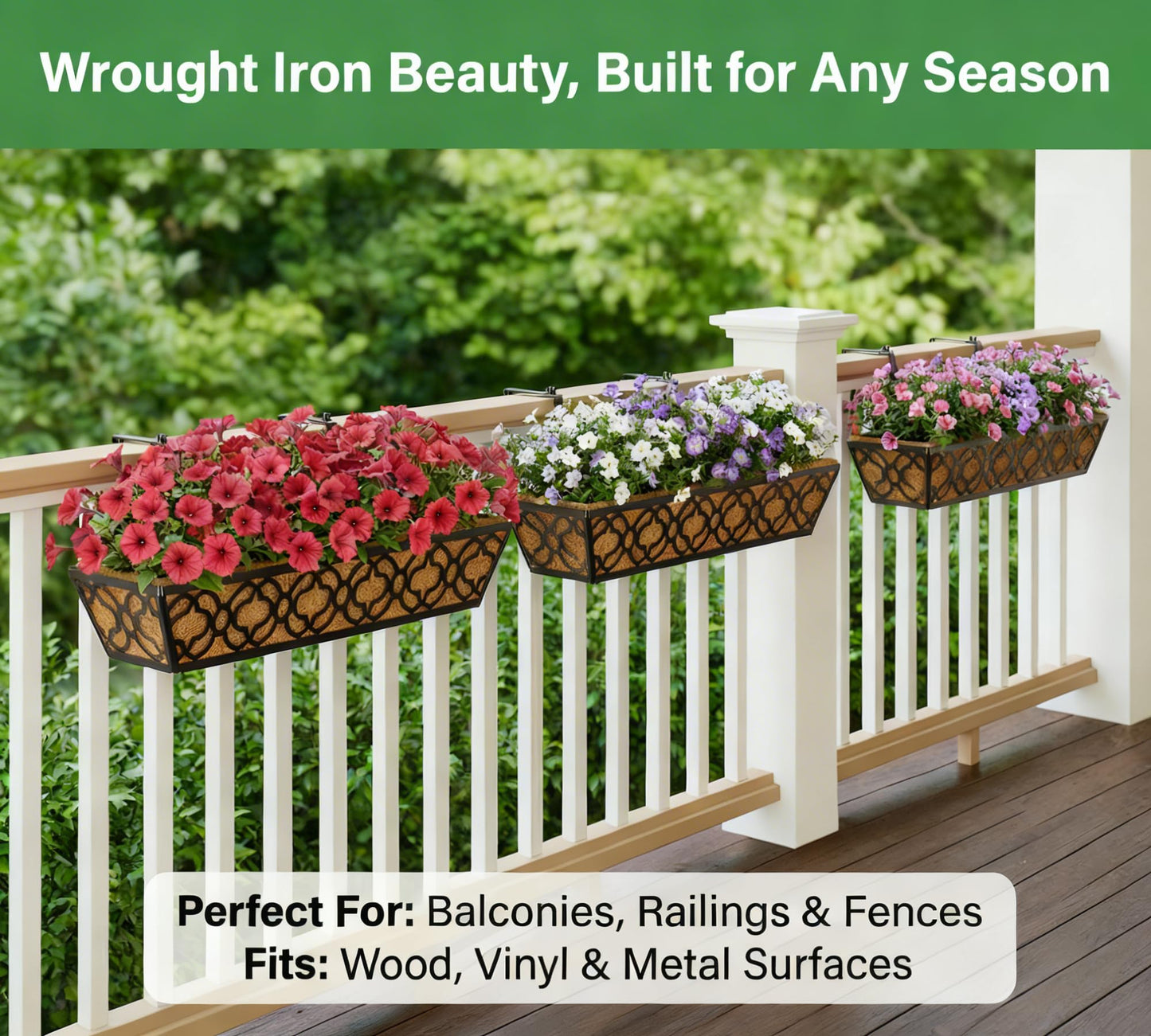 Y&M Railing Planter Boxes 24 Inch 2 Pack, Hanging Balcony Planter, Adjustable Deck Railing Planter Box, Metal Window Boxes Outdoor for Fence, Porch Flower Pots Holder