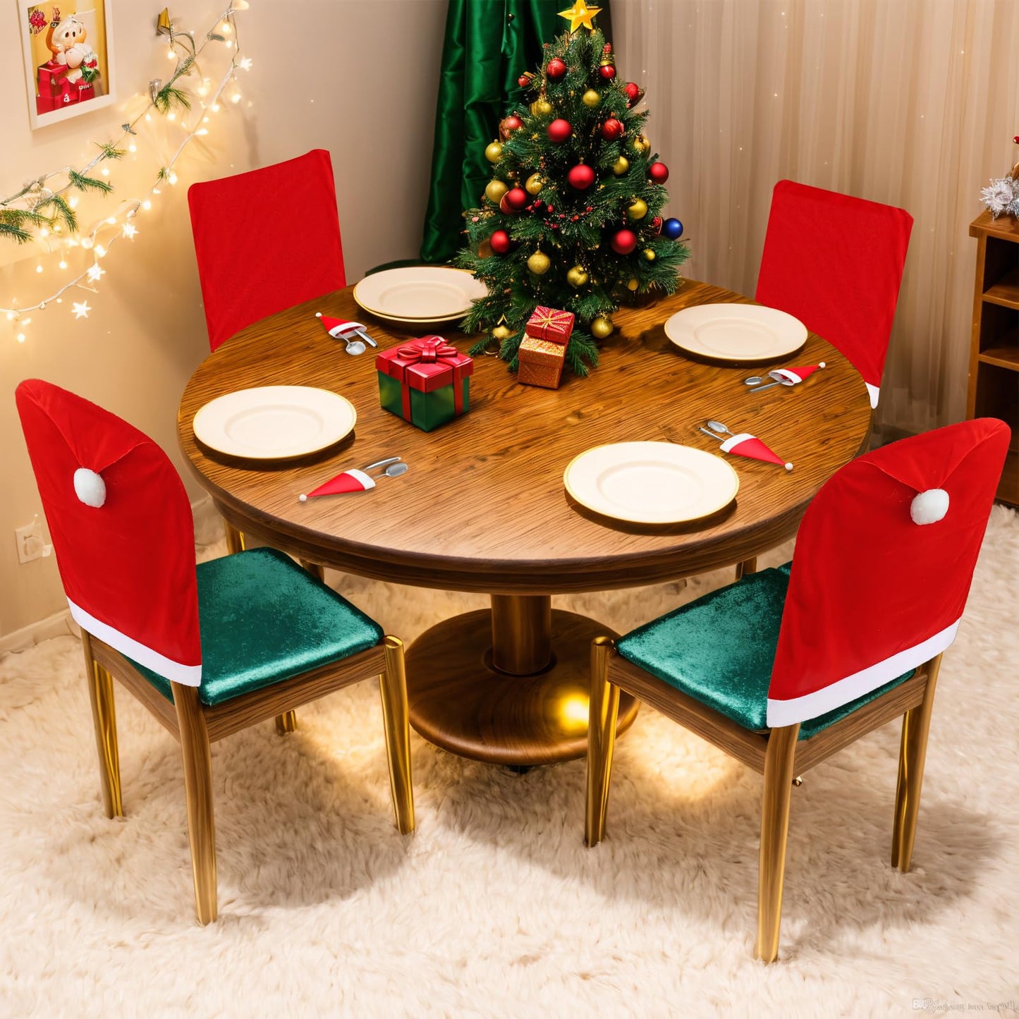VADOO Christmas Chair Covers, 6PCS Santa Hat Chair Covers with 6 Pcs Silverware Holders Red Hat Dining Chair Slipcovers Christmas Chair Back Covers for Party Holiday Festival Decoration