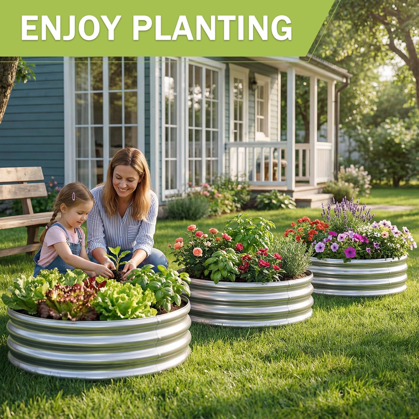 AHEONLAR 3Pack 2x2x1 ft Round Galvanized Raised Garden Bed Kit Round Metal Flower Box Large Planter Raised Beds Outdoor Garden for Planting,Fruit,Herb-Sliver
