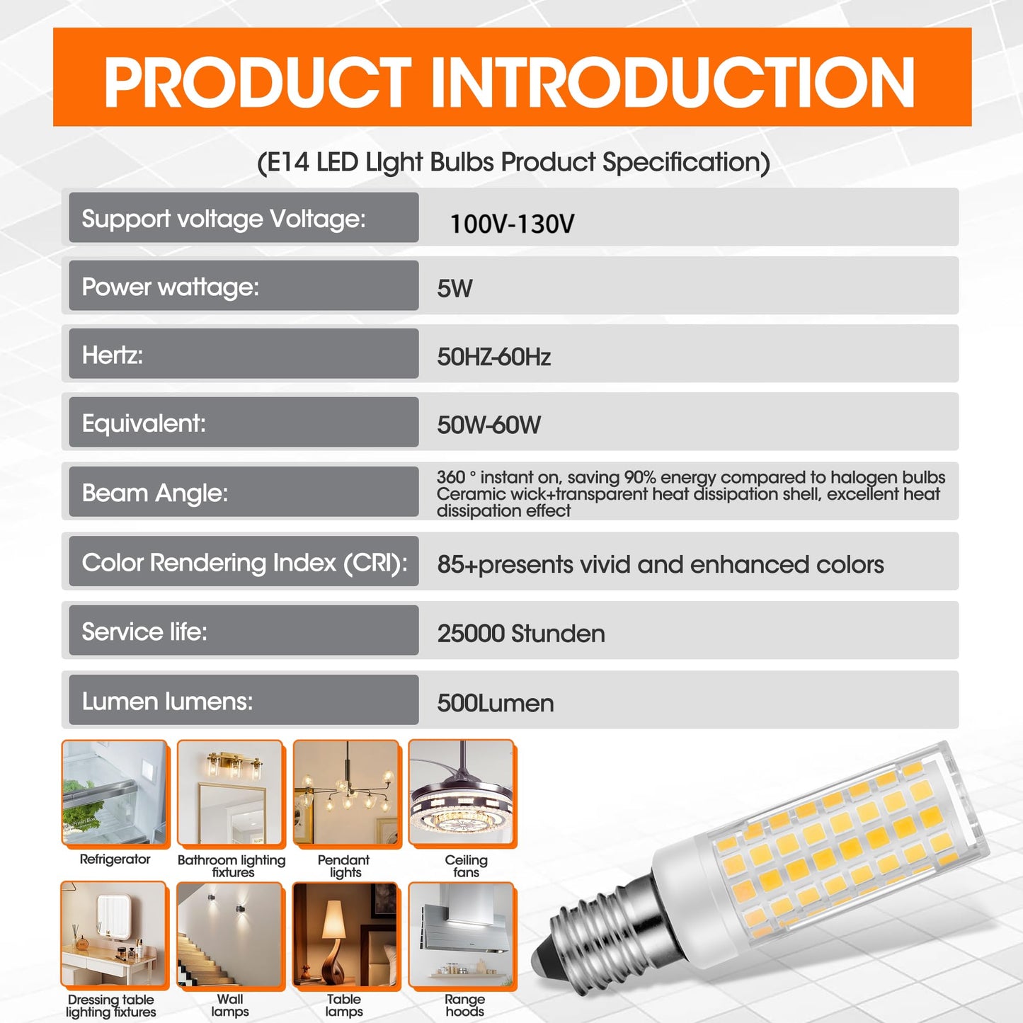 X-Molin E14 LED Refrigerator Light - Bulbs for Sewing Machines, Hood Hoods, Salt Stone lamp, Salt Crystal lamp-E14 Freezer LED Lamp, 500 Lumen AC110V-130V- 2Pack (3000K Warm White)