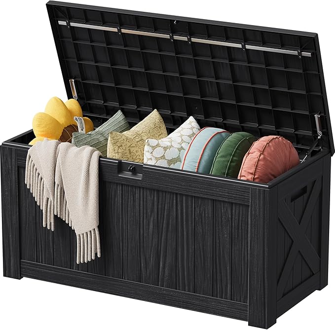 Devoko 125 Gallon Outdoor Storage Box, Waterproof Resin Deck Box for Patio Furniture, Lockable Container for Garden Cushions & Pool Supplies (Black, 125 Gallon)
