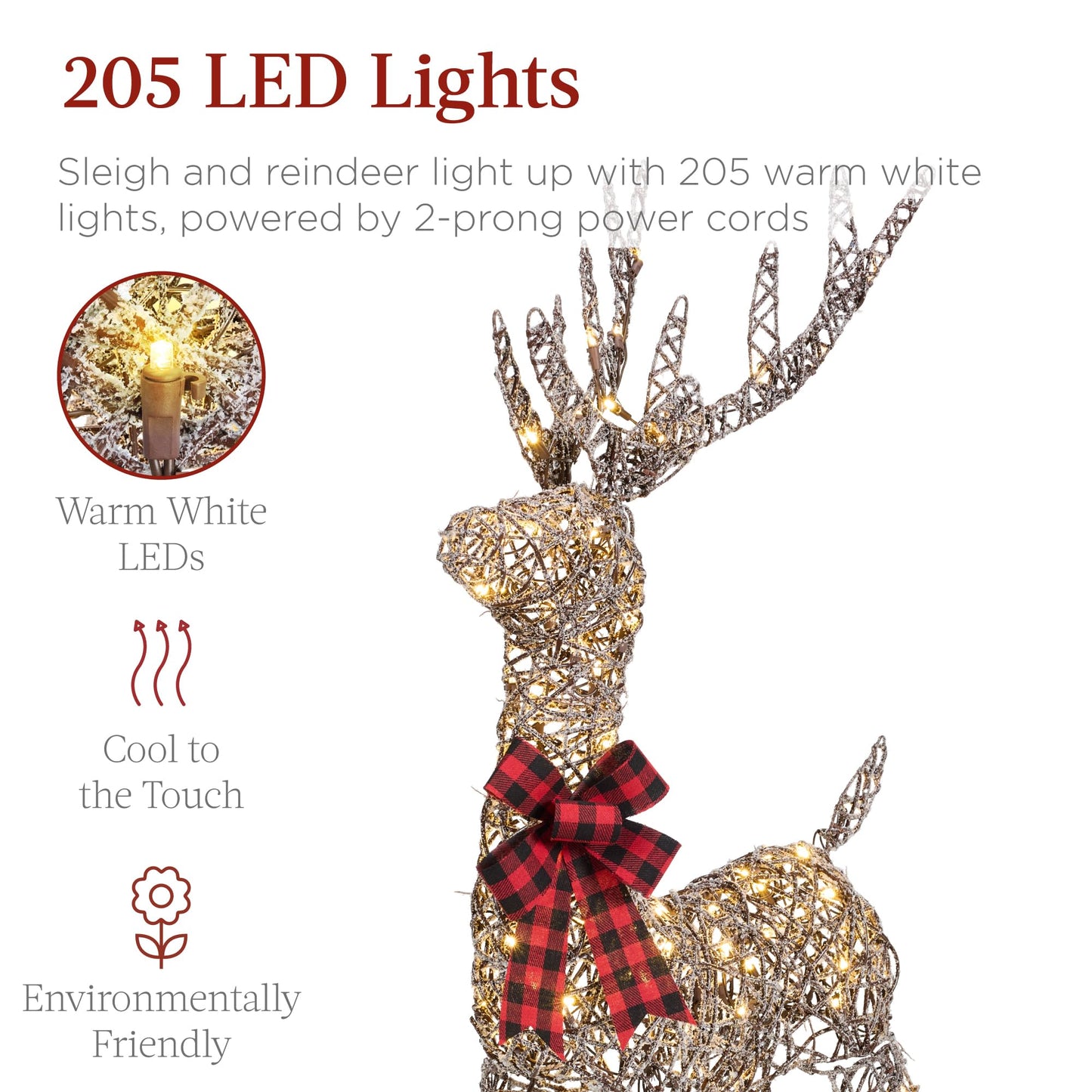 Best Choice Products Lighted Christmas 4ft Reindeer & Sleigh Holiday Outdoor Yard Decoration Set w/ 205 LED Lights, Stakes, Zip Ties - Rattan