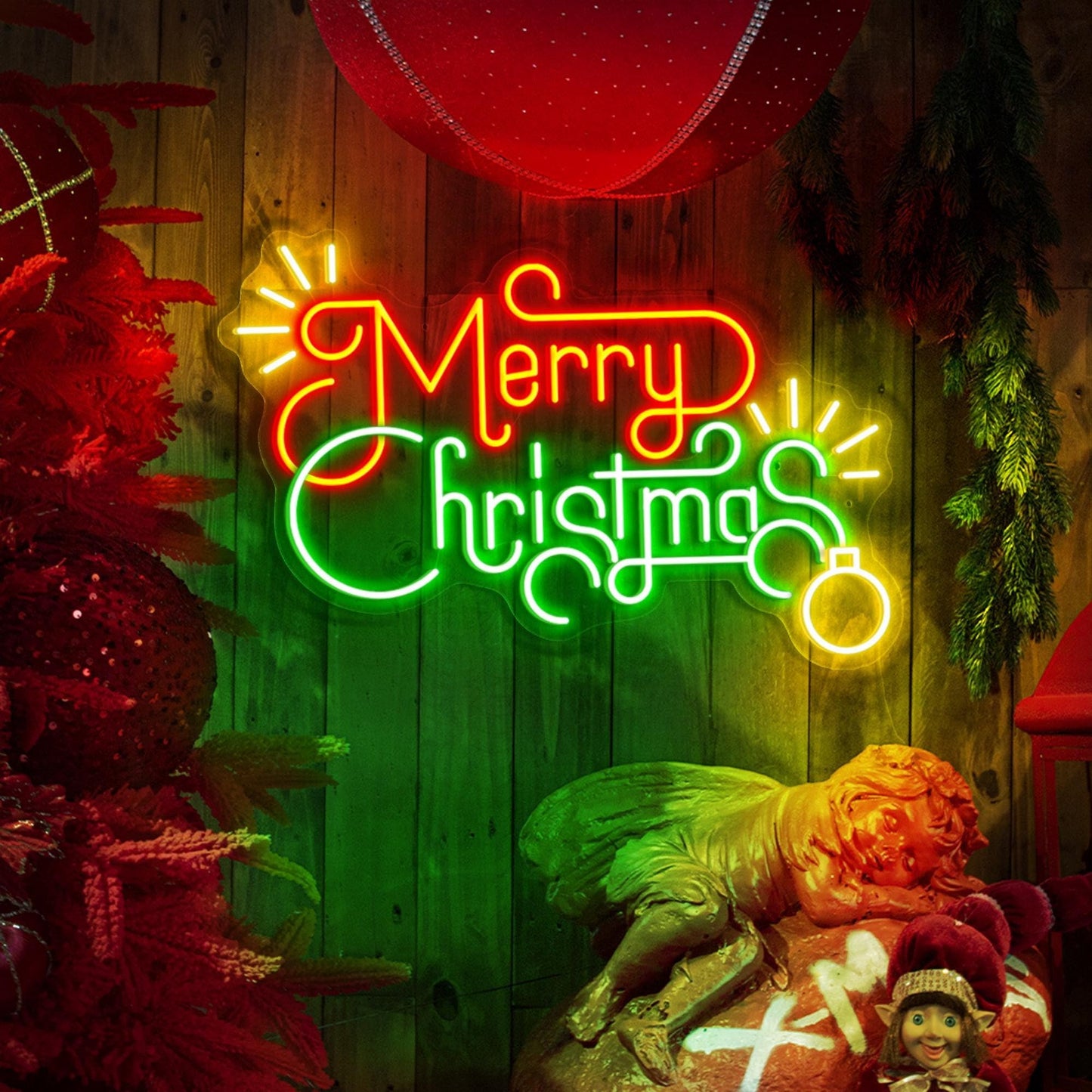 Merry Christmas LED Neon Sign – Festive Tree-Themed Wall Light for Holiday Home Decor, Party Backdrop & Gift, Customizable Christmas Wall Decoration 14″×10.2″