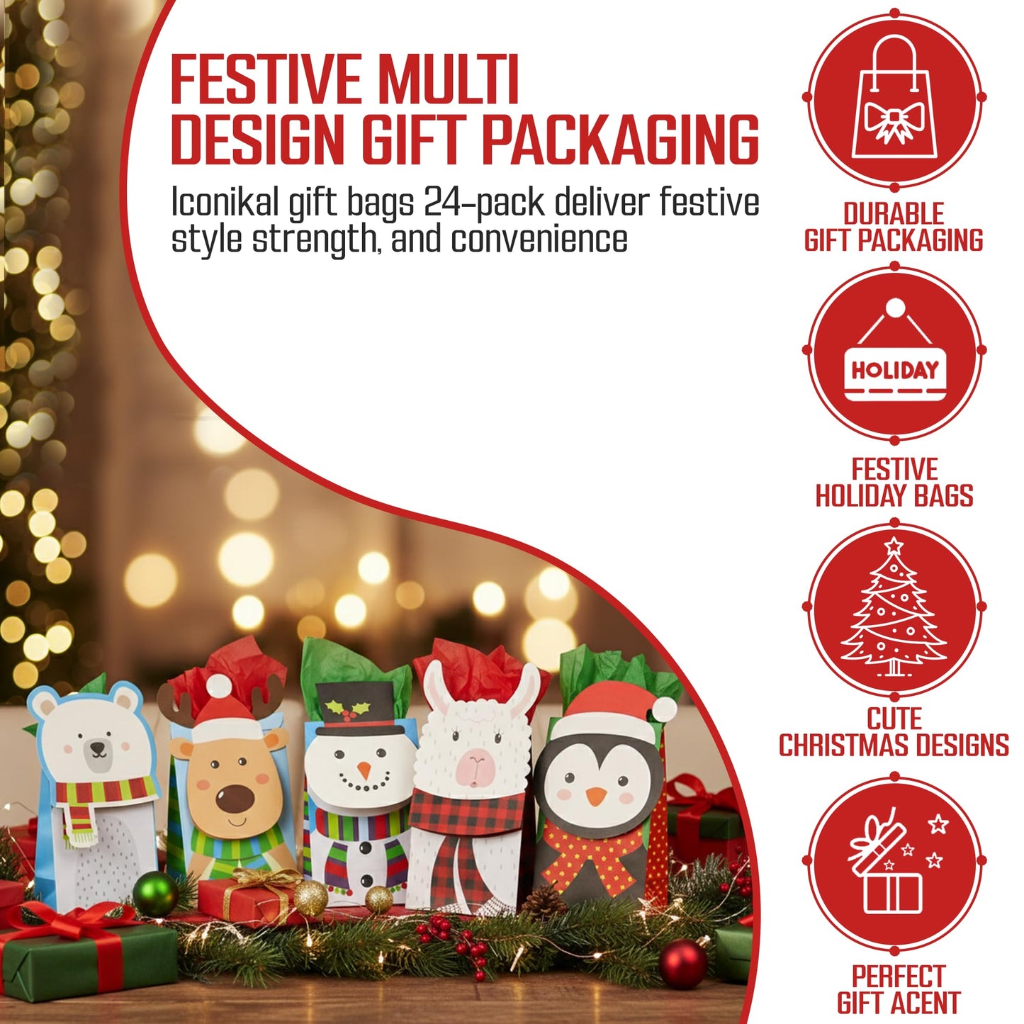 Iconikal Christmas Die-Cut Flip Over Gift Bags, 20-Count - Cute Holiday Treat Bags with Festive Animal Designs