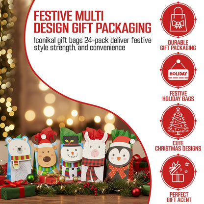 Iconikal Christmas Die-Cut Flip Over Gift Bags, 20-Count - Cute Holiday Treat Bags with Festive Animal Designs