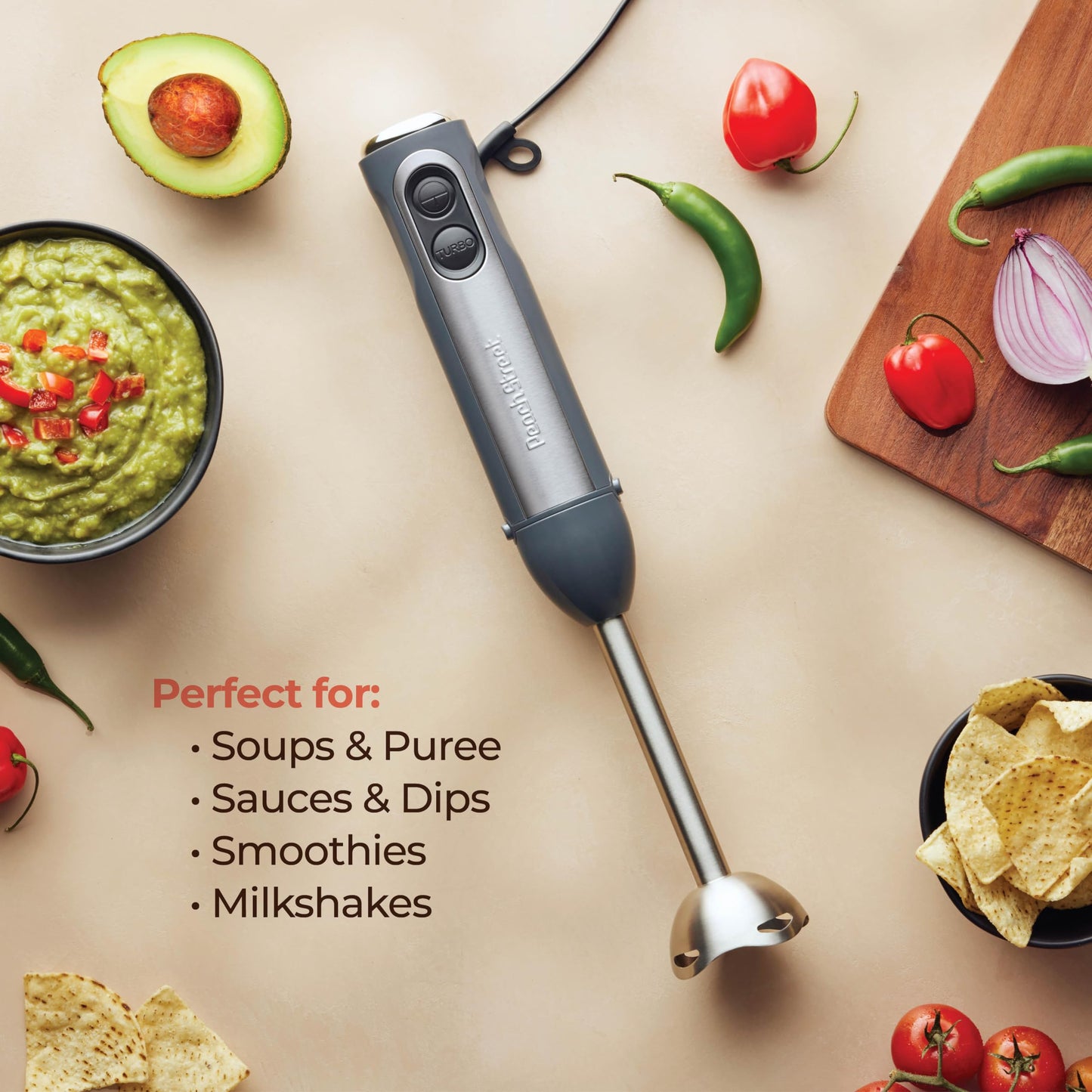 Powerful Immersion Blender, Electric Hand Blender 500 Watt with Turbo Mode, Detachable Base. Handheld Kitchen Gadget Blender Stick for Soup, Smoothie, Puree, Baby Food, 304 Stainless Steel Blades