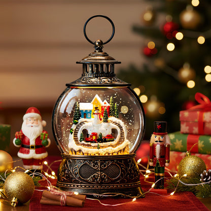 Christmas Village Snow Globe Lantern – LED Musical Swirling Glitter Water Globe, Snowy Village with Train, Battery or USB Powered, Auto Timer – Tabletop Decor & Gift