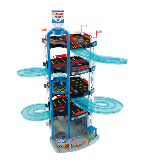 Theo Klein 2813 Bosch Car Service Multi-Storey Car Park I With 5 Levels, Two-Lane Exit Ramp, 2 Racing Cars, Lift and Much More I Dimensions: 55 cm x 55 cm x 85 cm Multi - Colored , 4-6 years