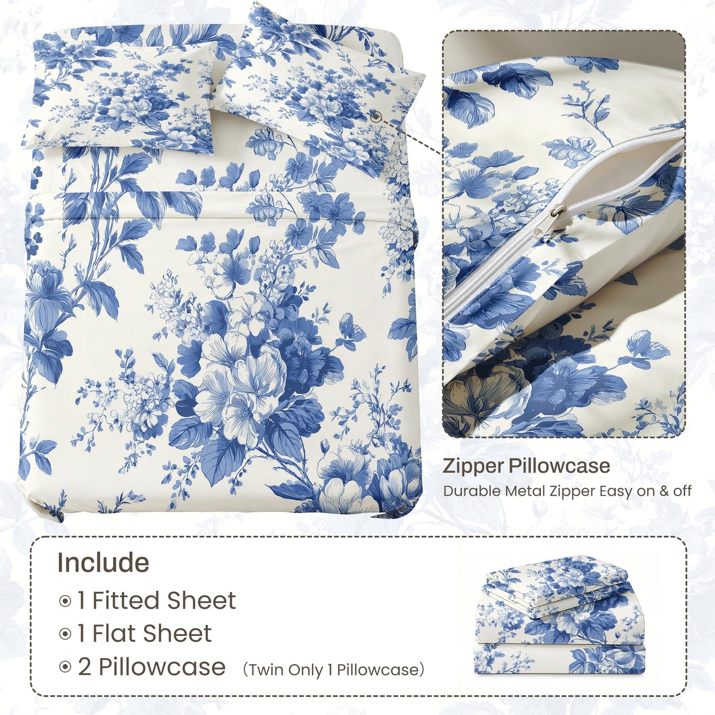 Blue and White Floral King Sheet Set 4 Pcs Chinoiserie Bed Sheets