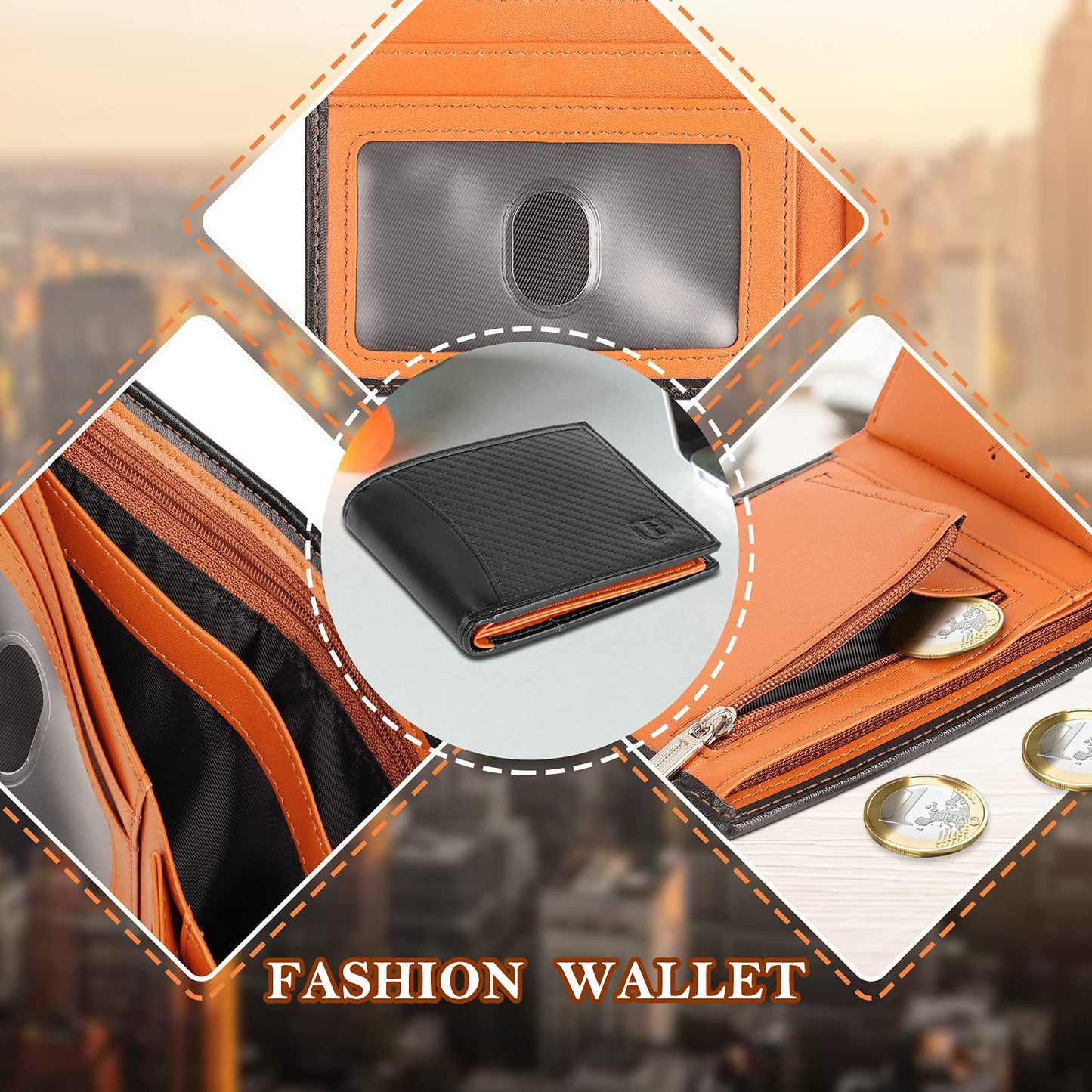BIAL Mens Wallet,RFID Blocking Leather Bifold Wallet for Men,Slim Design with ID Window, Zip Coin Pocket, 9 Card Slots, Lightweight Card Wallet with Gift Box