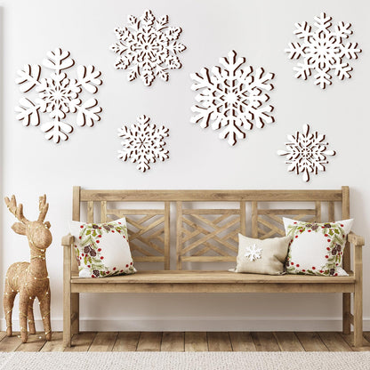 Whaline 6 Pcs Christmas Snowflake Wooden Wall Decor White Snowflake Shaped Wood Wall Art Sign with Hook for Home Farmhouse Xmas Winter Hanging Ornament