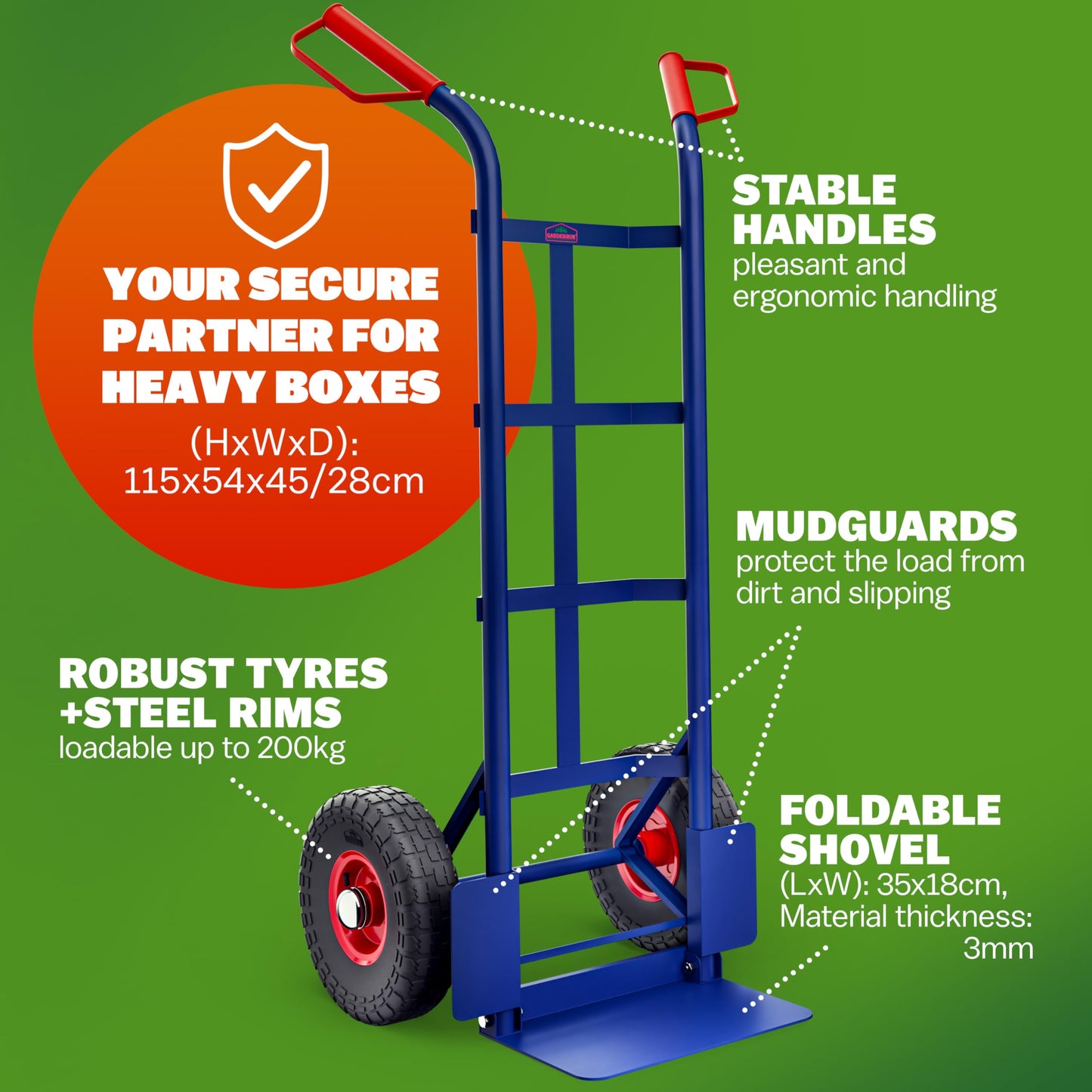 GARDEBRUK® Foldable Sack Barrow | Hand Truck Trolley | Heavy Duty Steel | Load up to 200 kg | Dolly Cart | Industrial Wheels | Stair Climber | Lightweight Multi Purpose Tool | Blue