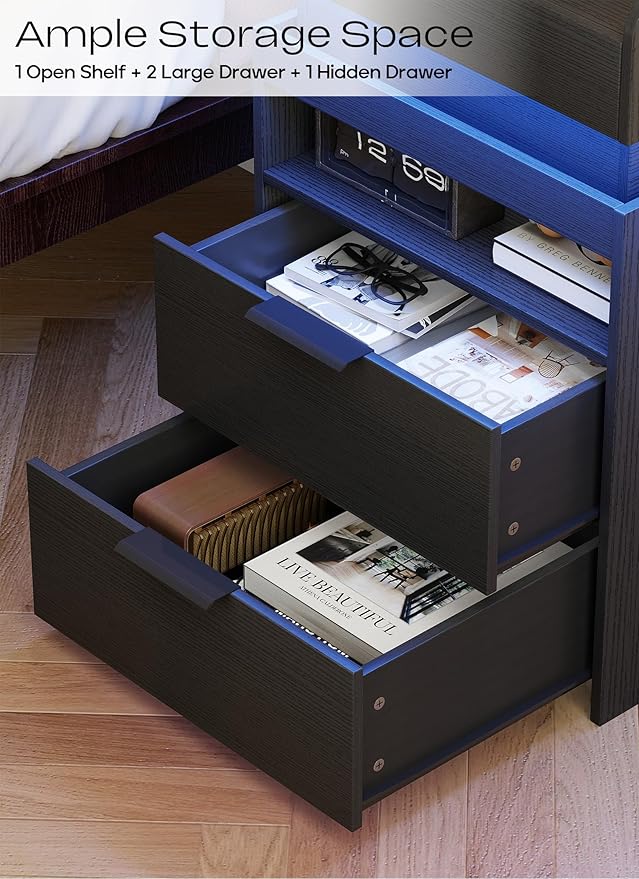 Turosur LED Night Stand with Gun Drawer, Smart Nightstand with Hidden Charging