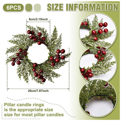 6 Pieces 8" Mini Christmas Wreaths - Small for Kitchen Cabinet/Window/Front Door, Artificial Red Berries & Pinecones, Christmas Candle Rings, Table/Farmhouse Decoration (No Ribbon)