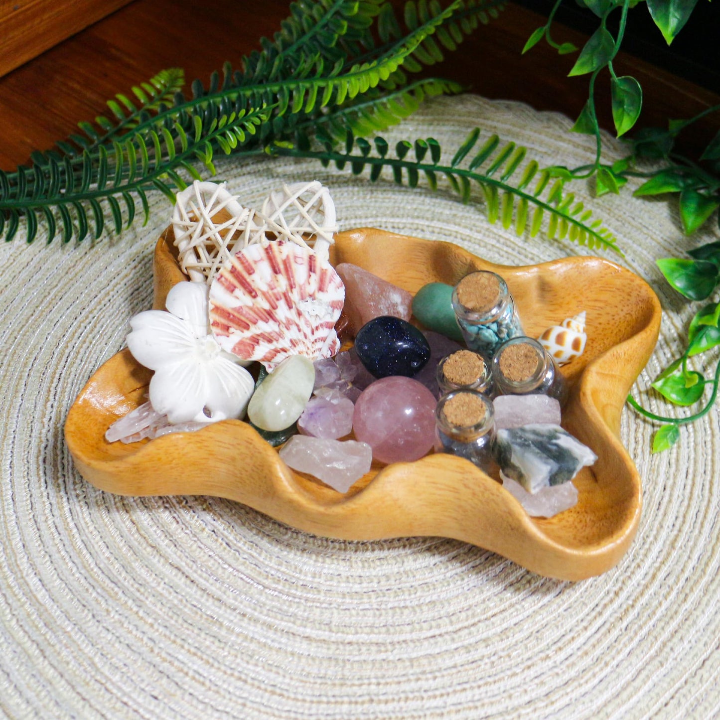 Crystal Tray for Rocks, Gems, and Healing Stones, Wooden Decorative Display Holder, Altar Offering Plate, Zen Decor Tray for Essential Oils