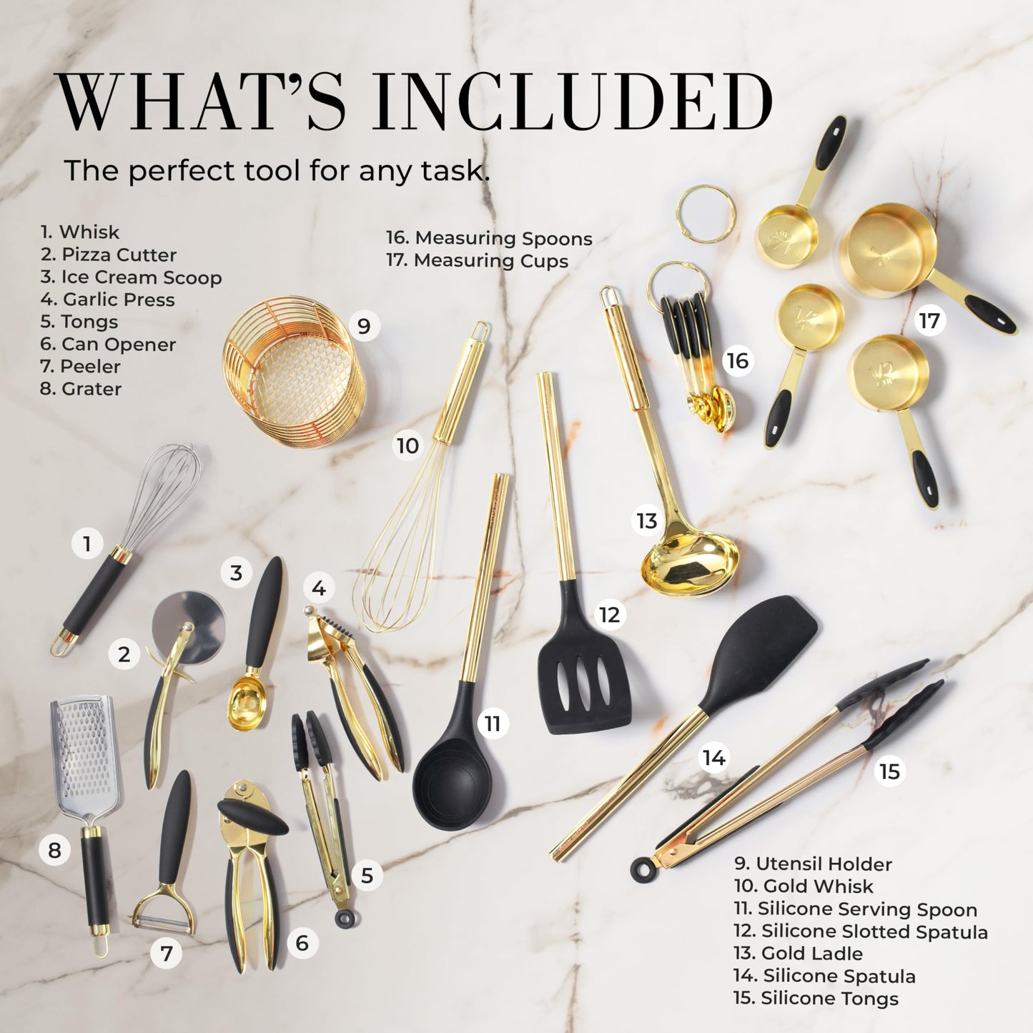 White & Gold Cooking Utensils Set - Luxe 8-Piece Kitchen Gadget Set Includes Can Opener, Tongs and Garlic Press - Stylish White and Gold Kitchen Accessories for Modern Kitchens, Ideal for Gifting