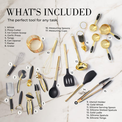 White & Gold Cooking Utensils Set - Luxe 8-Piece Kitchen Gadget Set Includes Can Opener, Tongs and Garlic Press - Stylish White and Gold Kitchen Accessories for Modern Kitchens, Ideal for Gifting