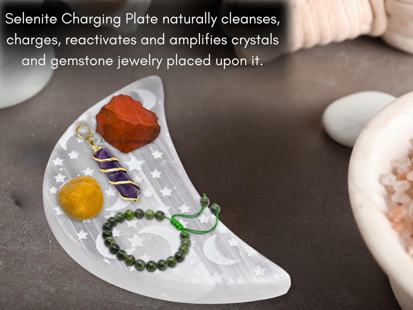 Amazing Gemstone Selenite Crystal Charging Plate for Crystals and Healing Stones, 4" Selenite Crystal Plate Engraved Star and Moon Coaster for Home, Office Table Decor (Selenite Crescent Moon)