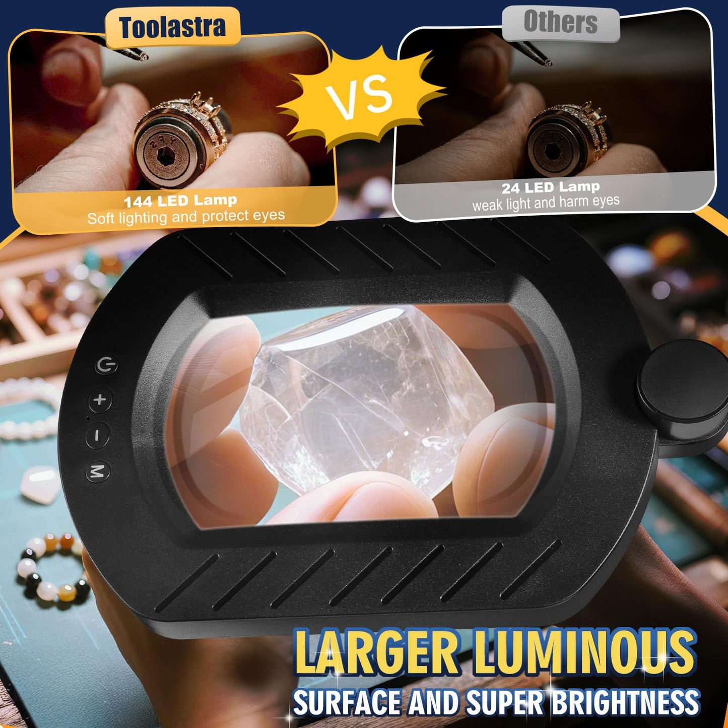 12X Square Magnifying Glass with Light and Stand with 144 LEDs Brightness, 5 Color Modes Hands Free Lighted Magnifying Glass, 10 Dimmable Brightness Magnifying Desk Lamp for Close Work Craft Reading