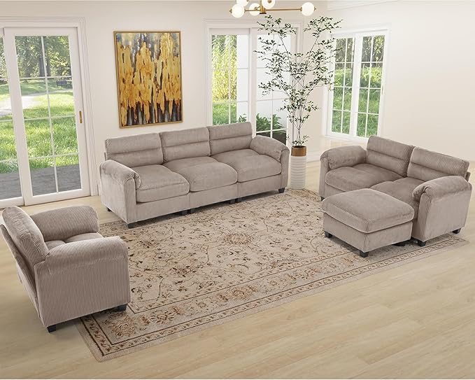 HAOMARKETS Corduroy Sofa Set, Upholstered Ottoman, Loveseat Set of 2with Plush