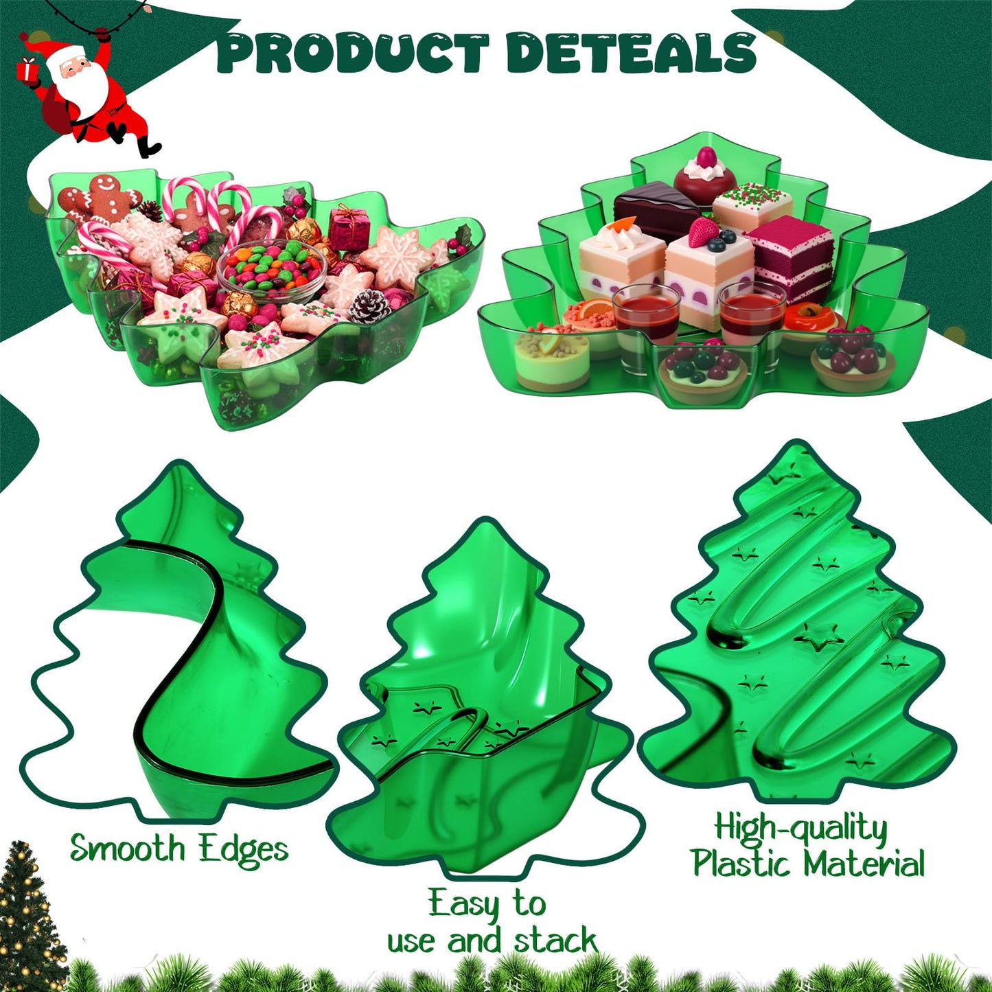 Wiwiqing 2 Pcs Christmas Tree Shaped Serving Tray Plastic Green Christmas Serving Platter Reusable Xmas Snack Tray Food Holder Appetizer Platter for Winter Xmas Themed Party Supplies Home Decoration