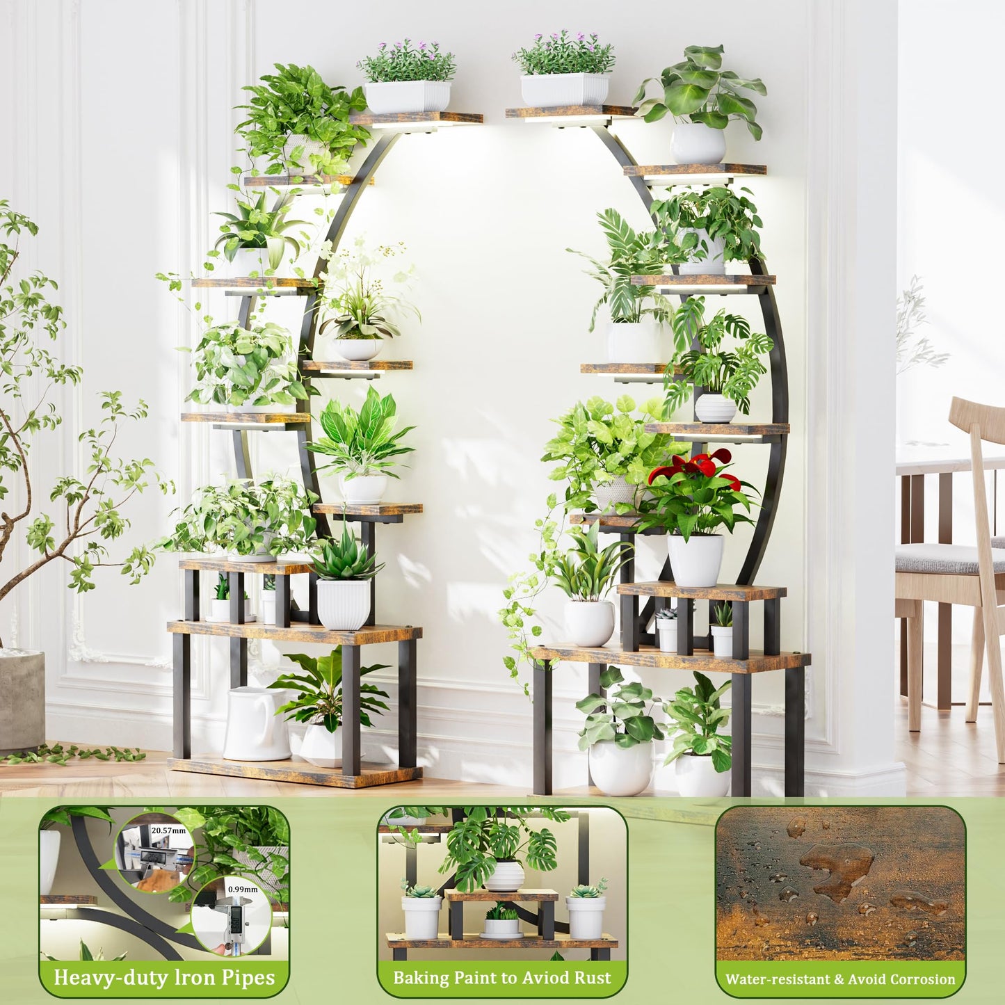 AnoYishev Plant Stand Indoor with Grow Lights, 2 Pack 63" Tall 9 Tiered Metal Plant Shelf, Large Plant Rack Display Shelves, Curved Plant Holder for Living Room, Patio