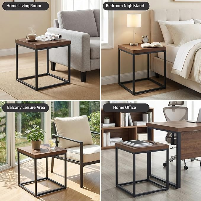 CENSI Modern Square End Table, Extra Thick 1.6" Wood Top & Metal Frame
