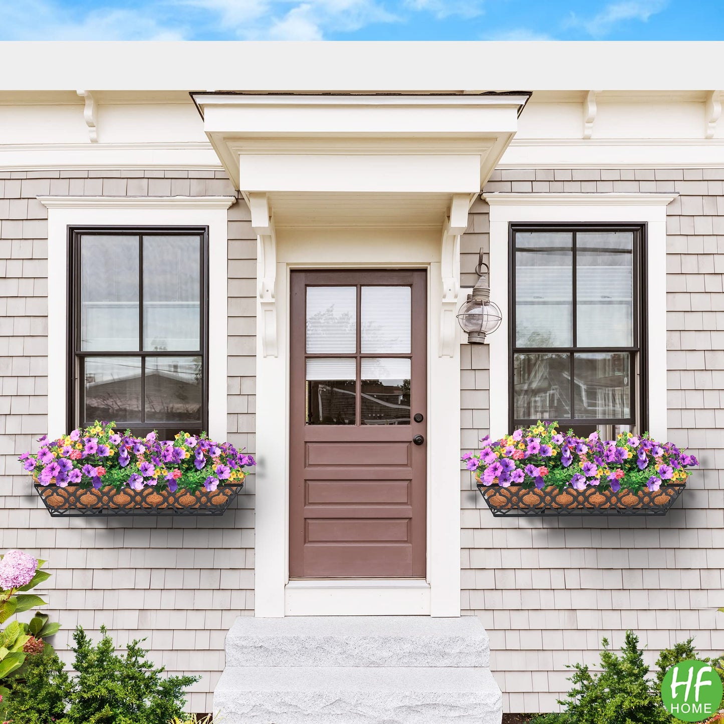 HFHOME 24 Inch Window Deck with Coco Liner, 24" Window Boxes Horse Trough with Coconut Coir Liner, Black Metal Hanging Flower Planter Basket Railing Planter for Outdoor Indoor Lawn - 2 Pack