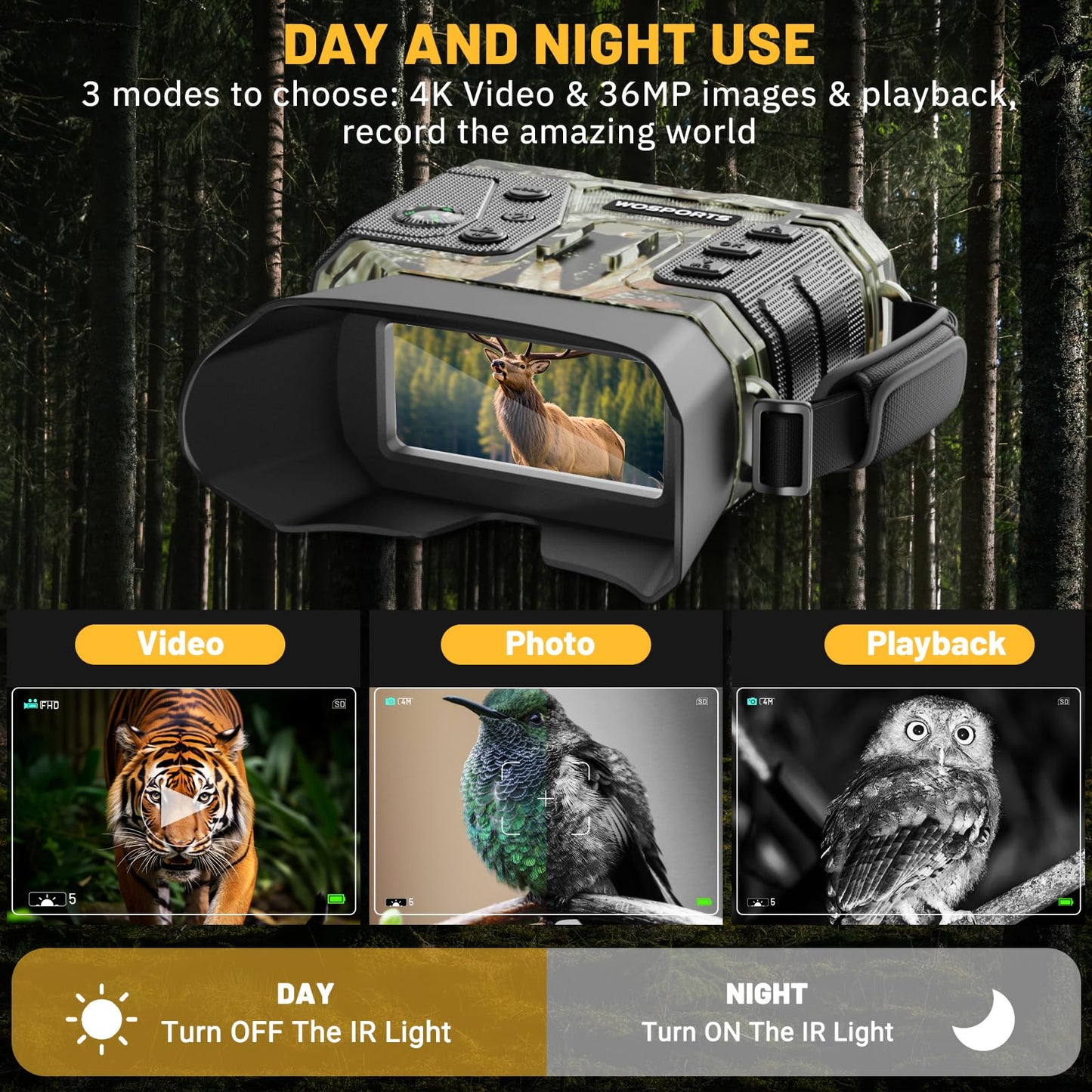 WOSPORTS 4K Infrared Night Vision Goggles – 1300FT Range, 8X Digital Zoom, 32GB Card, 15H Battery, Suitable for Camping, Gift for Men - Camo