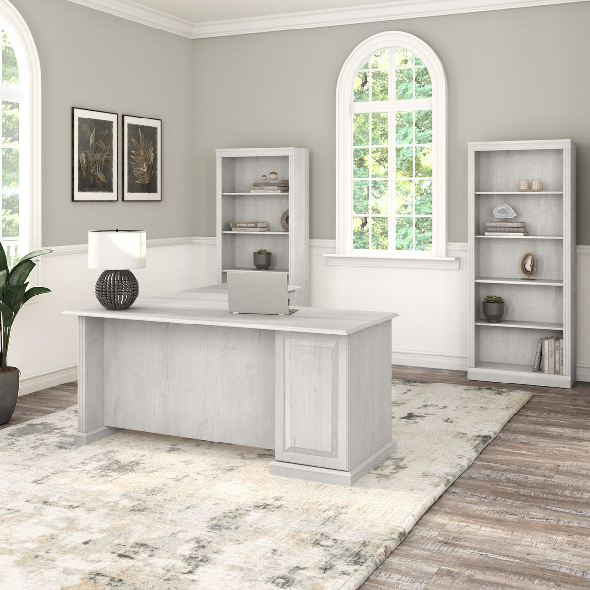 Bush Home Saratoga L Shaped Computer Desk with Drawers and Storage in Linen White Oak | Large Corner Office Table for Workspace