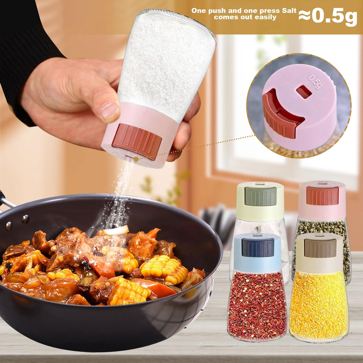 4Pcs Glass Spice Jars for Kitchen, 180ML/6.09oz Airtight Clear Glass Spice Seasoning Bottle Containers with Pressure Dosage Glass Metering Spice Salt Pepper Cumin Powder Sugar Dispenser