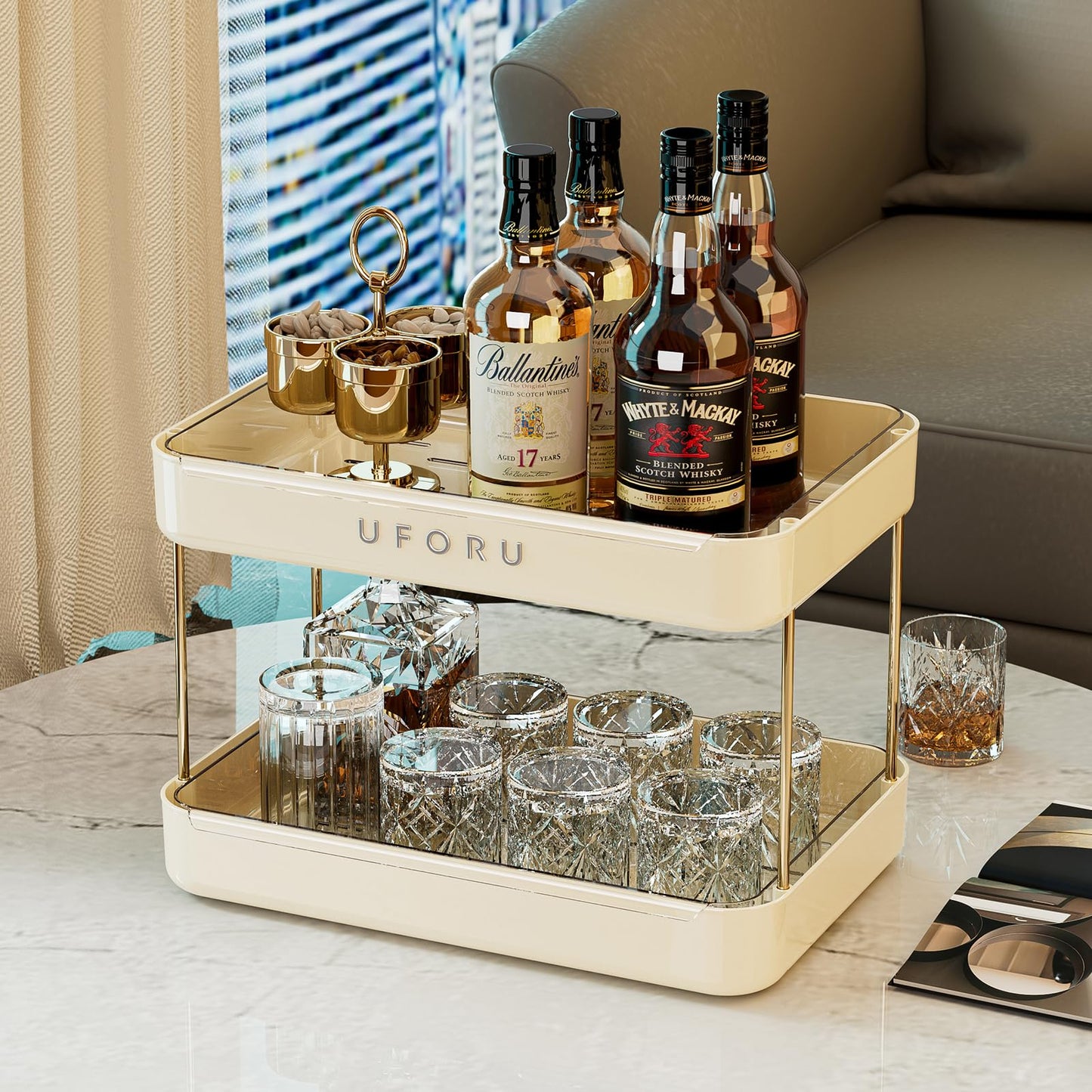 UFORU Countertop Coffee Station Organizer, 2 Tier Wine Glass Holder, Mug Shelf with Removable Drain Tray, Spice Rack for Kitchen, Bathroom Countertop Organizer, Cream White