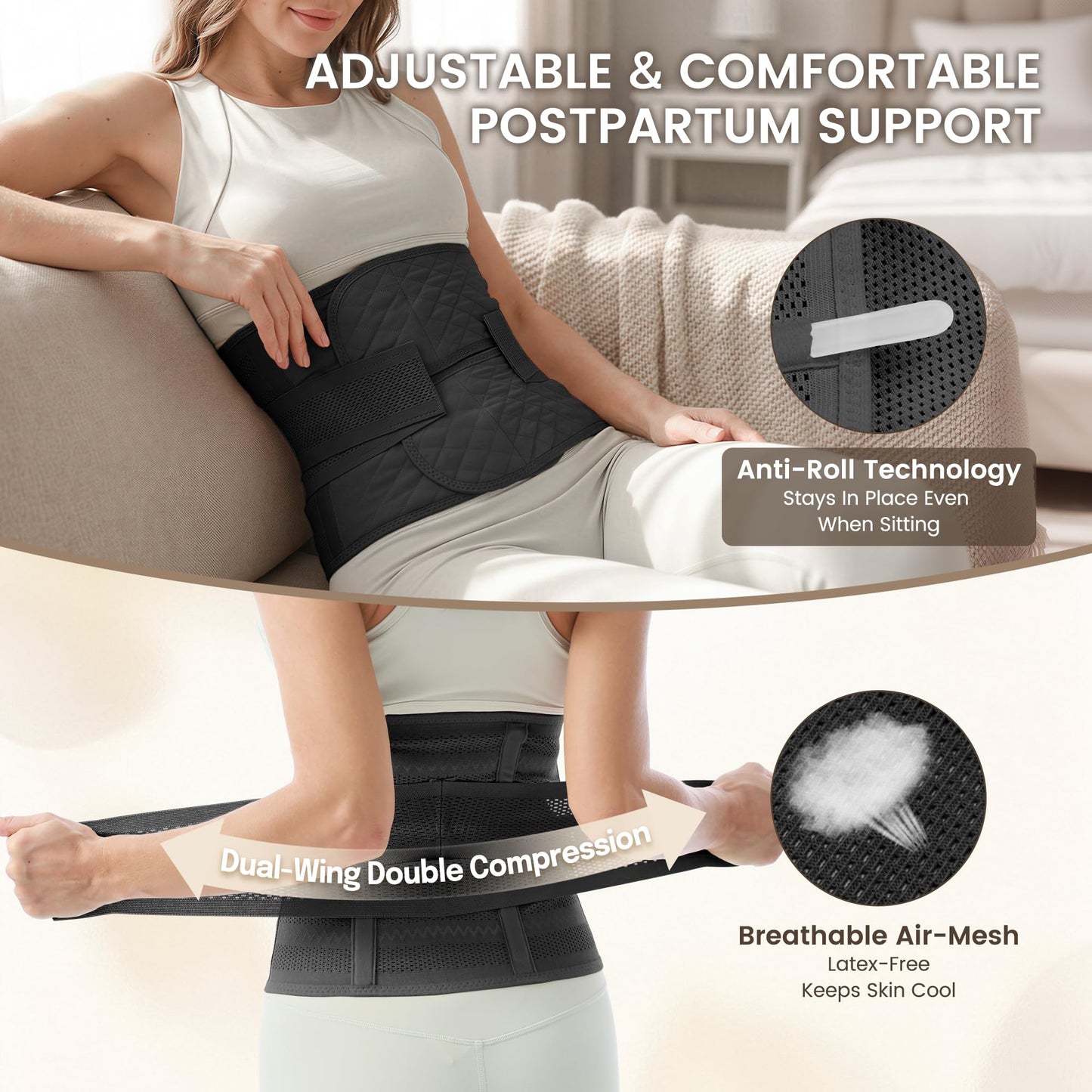 Allaugh Postpartum Belly Band for Women: Abdominal Binder Post Surgery C Section, Soft Fabric Abdominal Wrap for All Day, Comfort Non-Itchy, After Birth Recovery Back Support & Diastasis Recti Repair