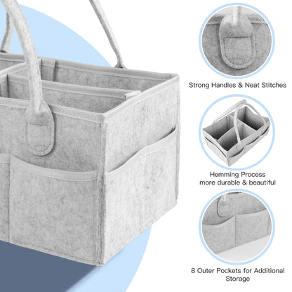 PHILORN Diaper Caddy Organizer, Baby Diaper Caddy with Dividers, Car Diaper Caddy, Diaper Caddy for Changing Table,Felt Diaper Caddy Organizer with Handle, Baby Shower Gifts, Gray