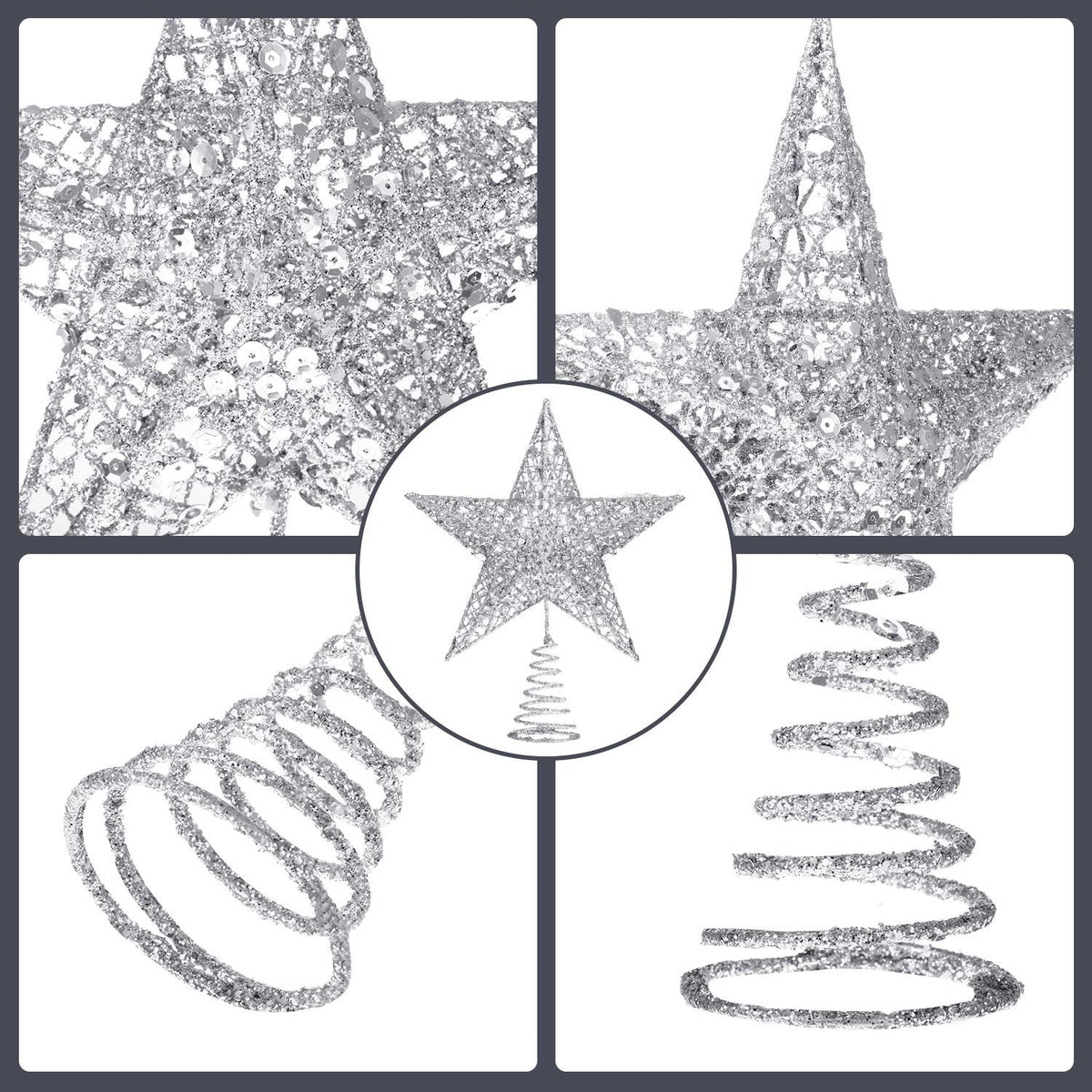 Blulu 10 Inches Sliver Christmas Star Topper Xmas Tree Topper Glitter Treetop Star for Christmas