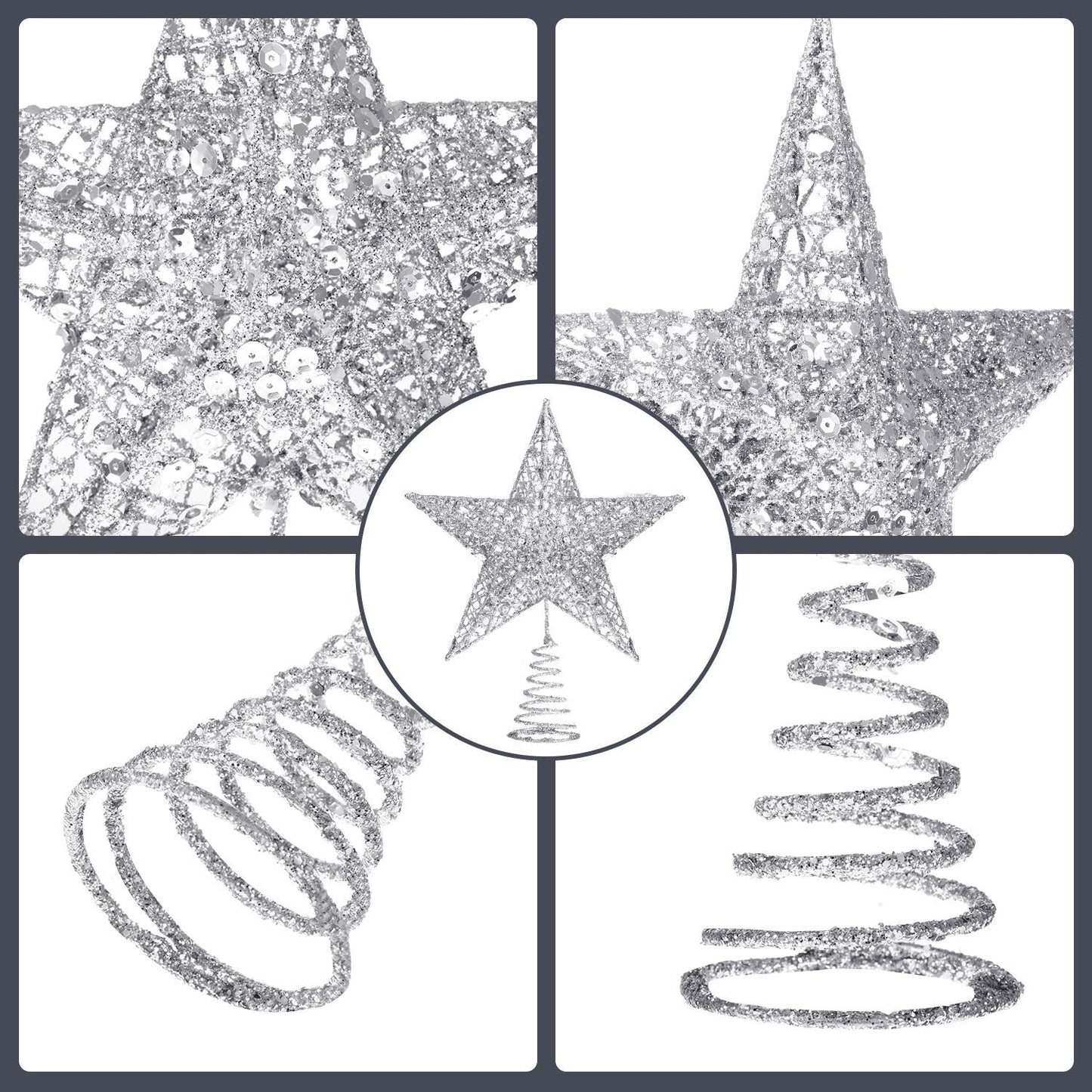 Blulu 10 Inches Sliver Christmas Star Topper Xmas Tree Topper Glitter Treetop Star for Christmas