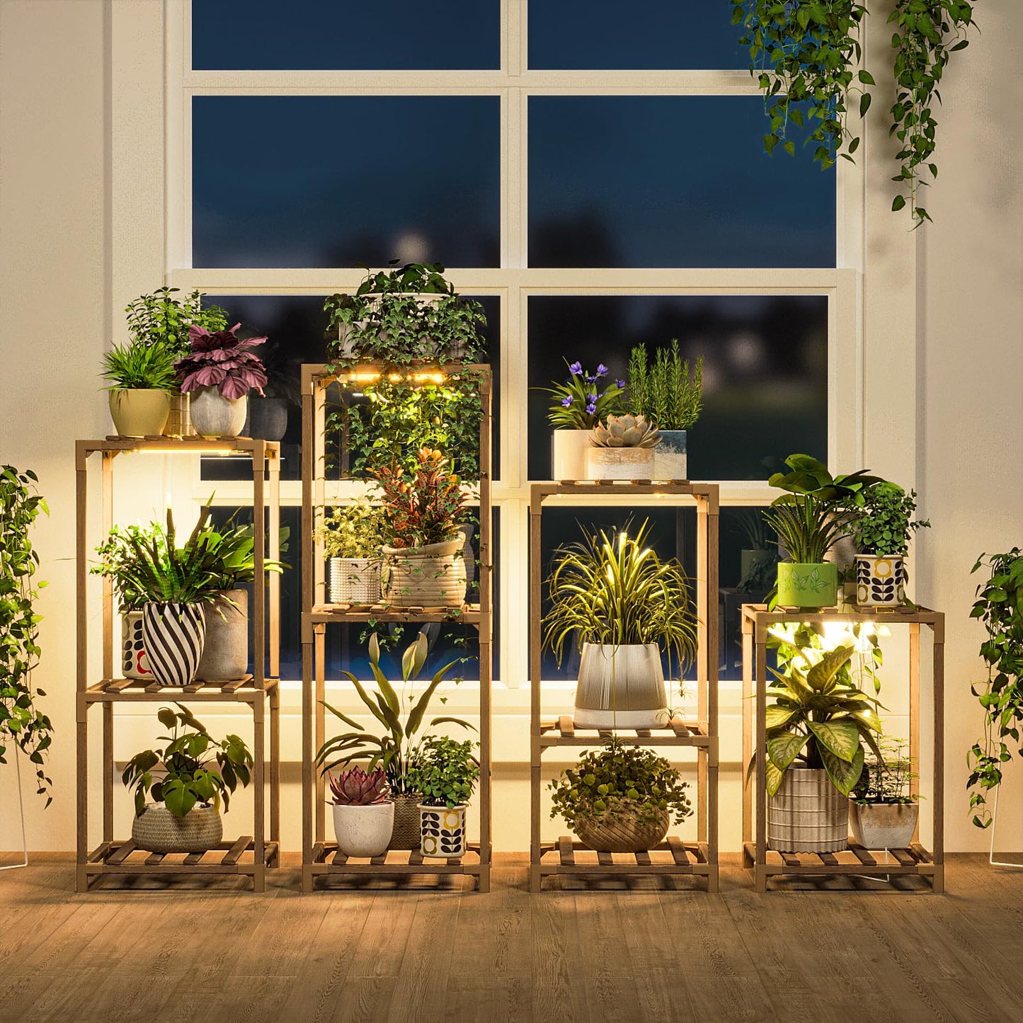Bamworld Plant Stands with Grow Lights Indoor 4 Sets Plant Shelves Outdoor Wooden Plant Holder for Multiple Plants Flower Stands for Living Room Balcony Garden Patio Lawn Window