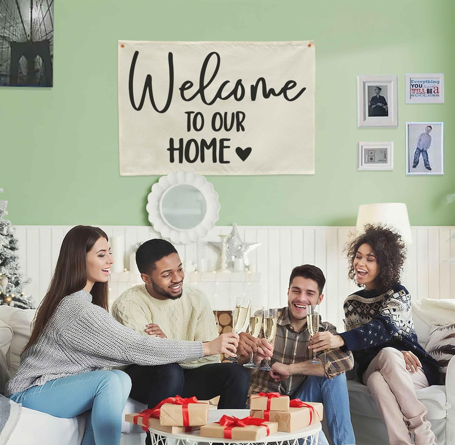 Welcome Party Wall Decor-Home Party Sign Decor-Rectangular Canvas Banner-Entryway Outdoor Garden Front Door Flag-Retirement Housewarming Wedding Birthday Christmas Gift-Welcome to Our Home