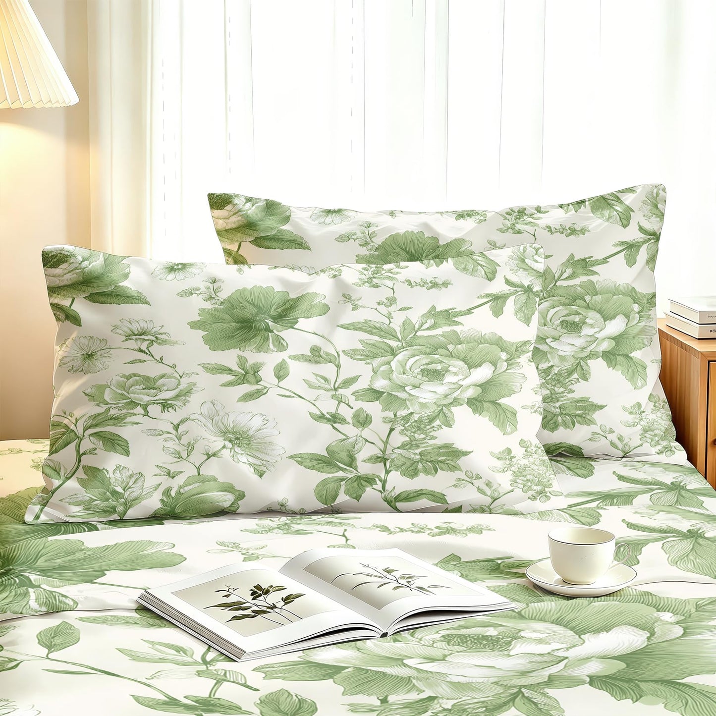 Green Floral Queen Bedding Set Farmhouse Botanical Sheet Sets