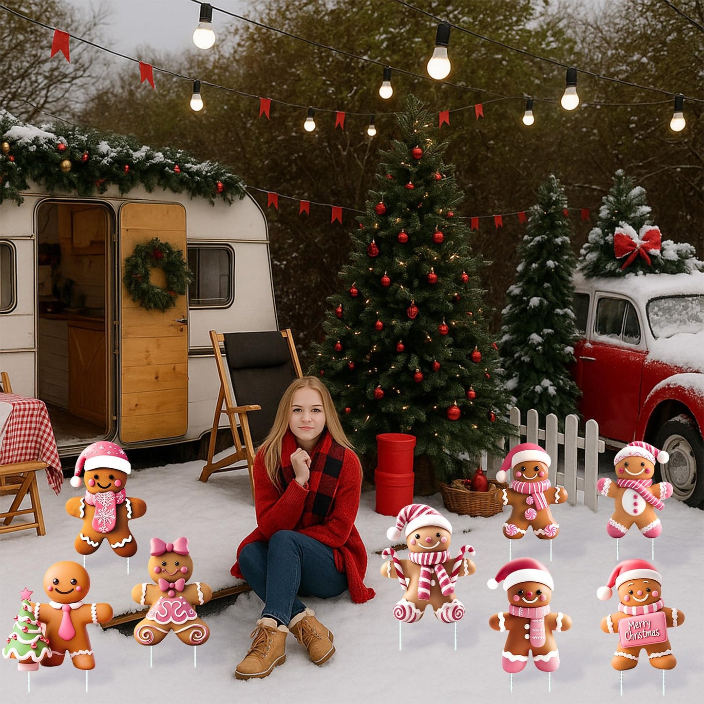 Memorywuu 8 Pcs Christmas Gingerbread Man Yard Signs with Stakes Outdoor 3D Gingerbread House Decoration Xmas Yard Stakes Lawn Signs for Christmas Holiday Pathway Garden Patio Party Favors (Elegant)