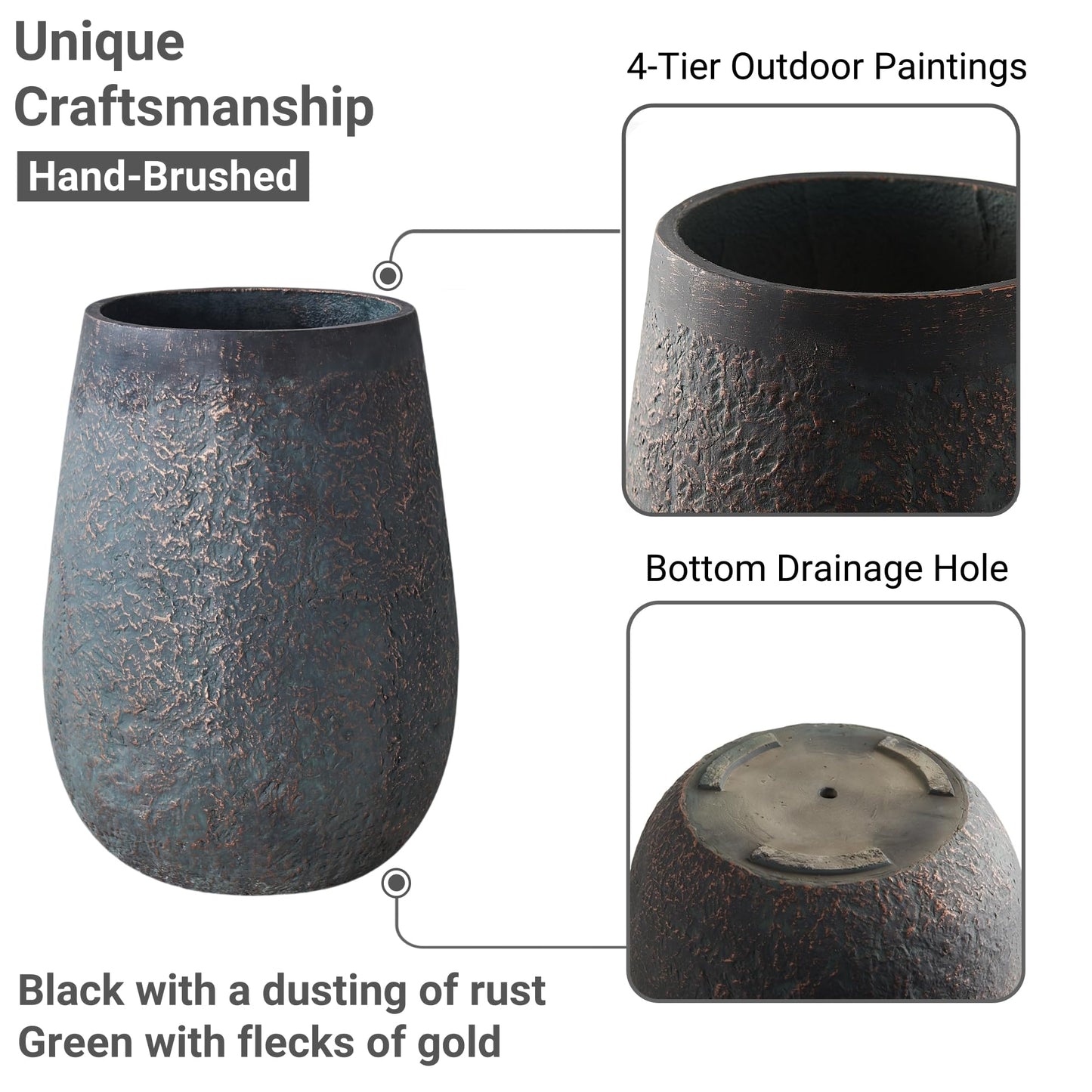 Wallowa 20" H Weathered Concrete Tall Planter, Black Large Outdoor Indoor Decorative Flower Pot with Drainage Hole, Modern Round Style for Home, Garden, Patio, Courtyard, Bronze Rust with Green Tone