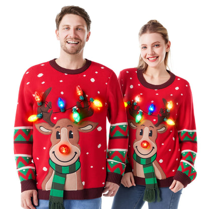 JOYIN Womens LED Light Up Christmas Sweater, Reindeer Christmas Ugly Sweater with Light Bulbs-Red