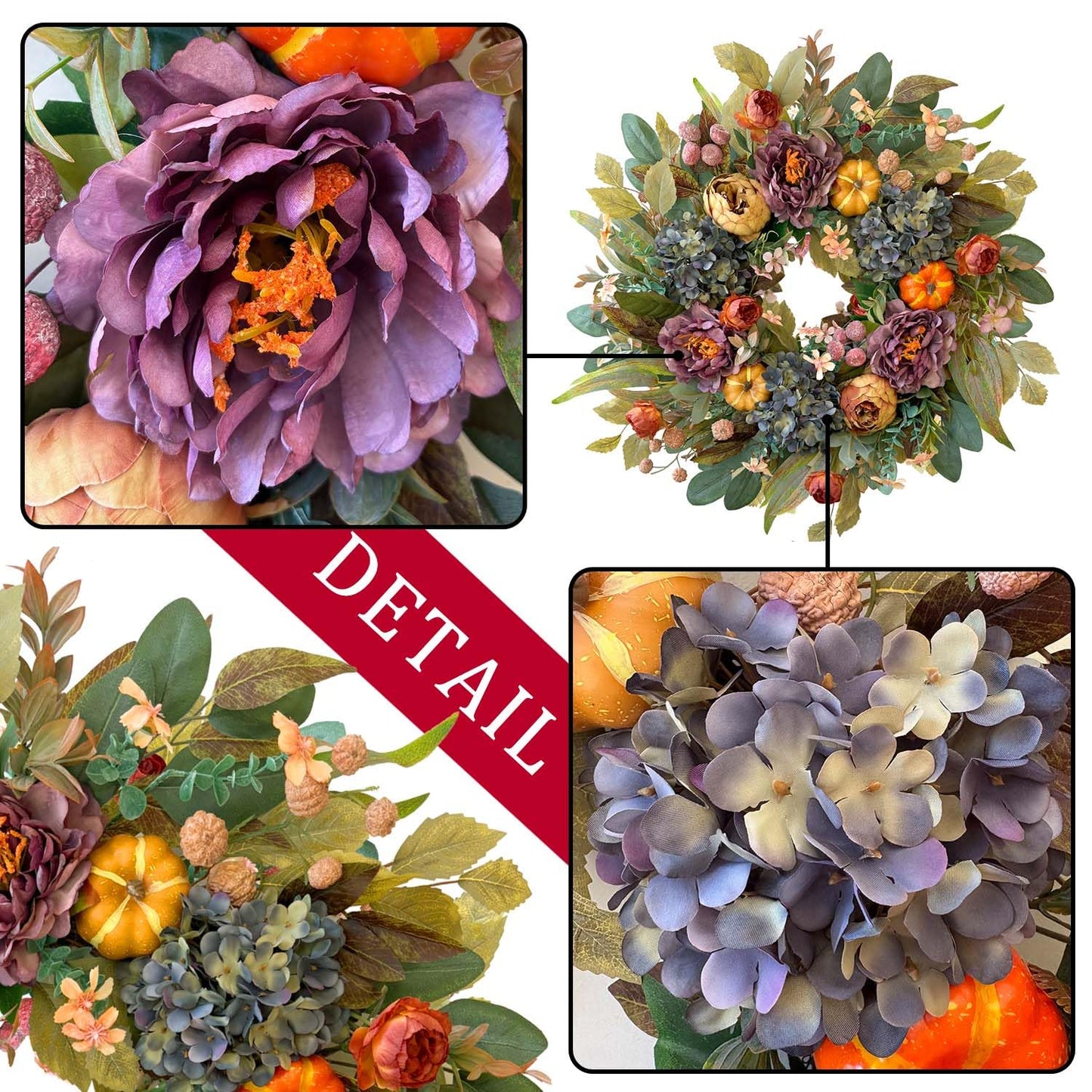 WANNA-CUL 24in Fall Front Door Wreath,Hydrangea Peony Pumpkin Harvest Decor