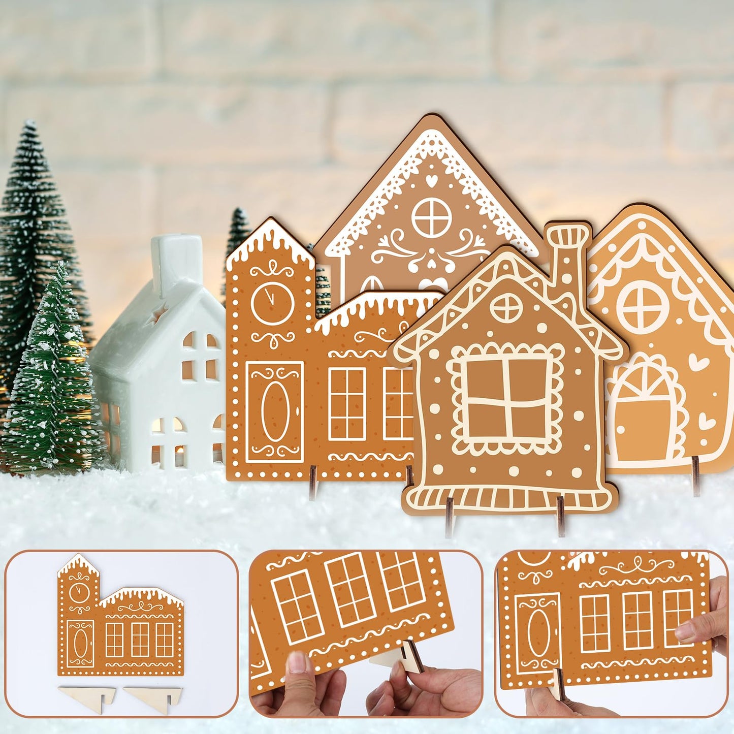 9Pcs Christmas Gingerbread House Tabletop Decorations Wooden Gingerbread Village Houses Table Centerpiece for Winter Holiday Home Office Coffee Bar Mantel Tabletop