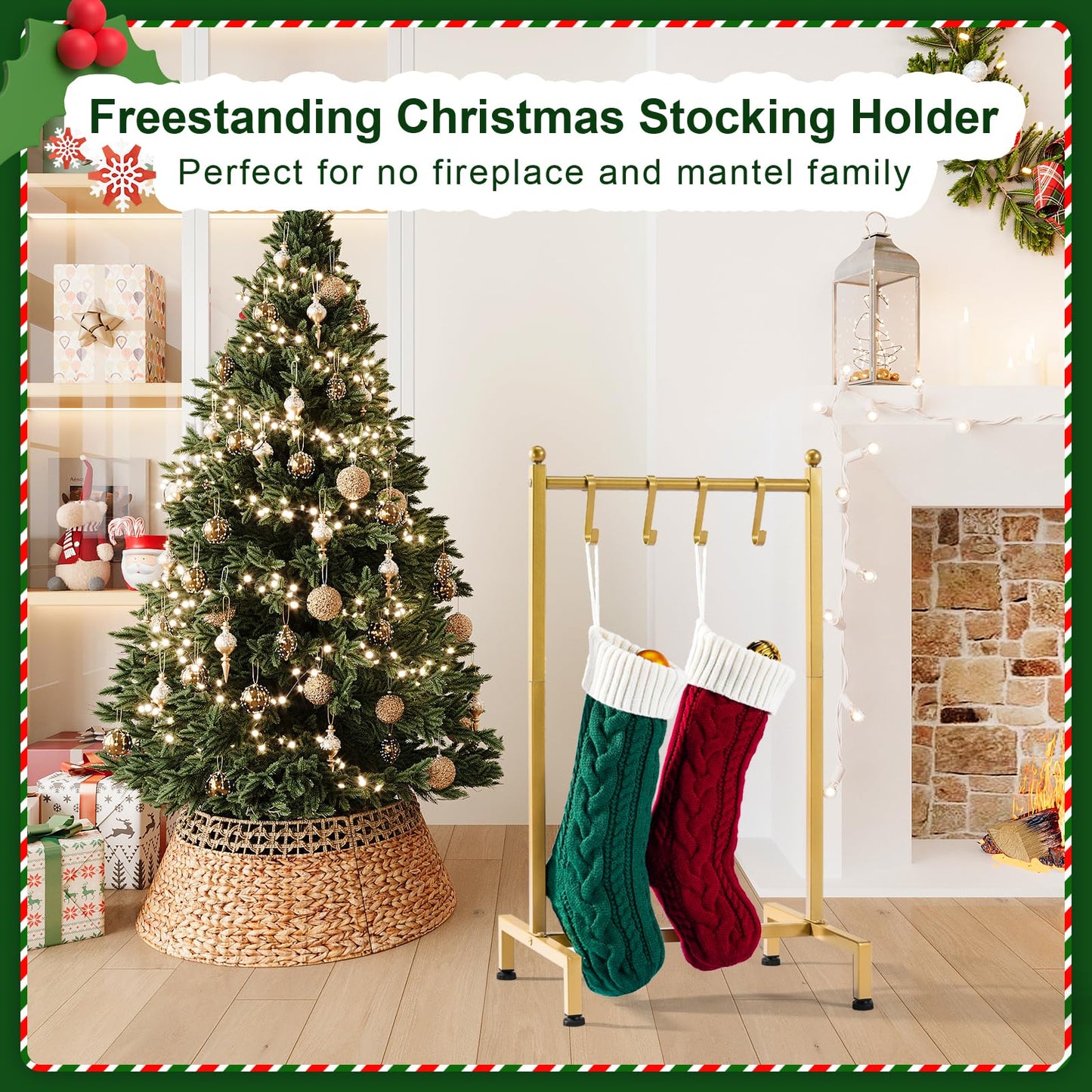 ELYKEN Christmas Stocking Holder, Free Standing Stocking Rack with 4 Removable Hooks, Small Stocking Stand, Heavy Duty Metal Tubes with Stable Base and Adjustable Feet, Gold