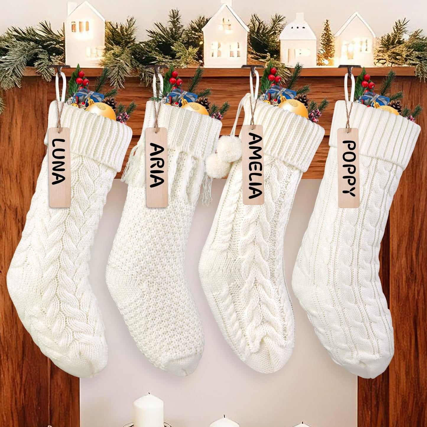Teeanzo 4Pack 18 Inches Christmas Knitted Hanging Stockings,Xmas White Large Farmhouse Rustic Neutral Cable Knit Personal Stockings Decorations for Christmas Tree Fireplace Family Holiday Party Decor