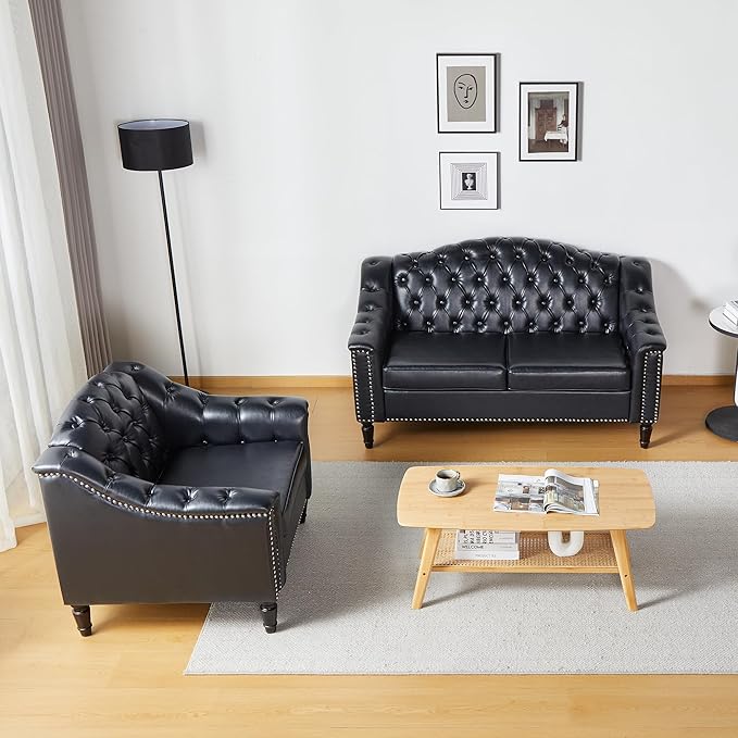 LEVNARY Chesterfield Loveseat Leather, Upholstered Sofa