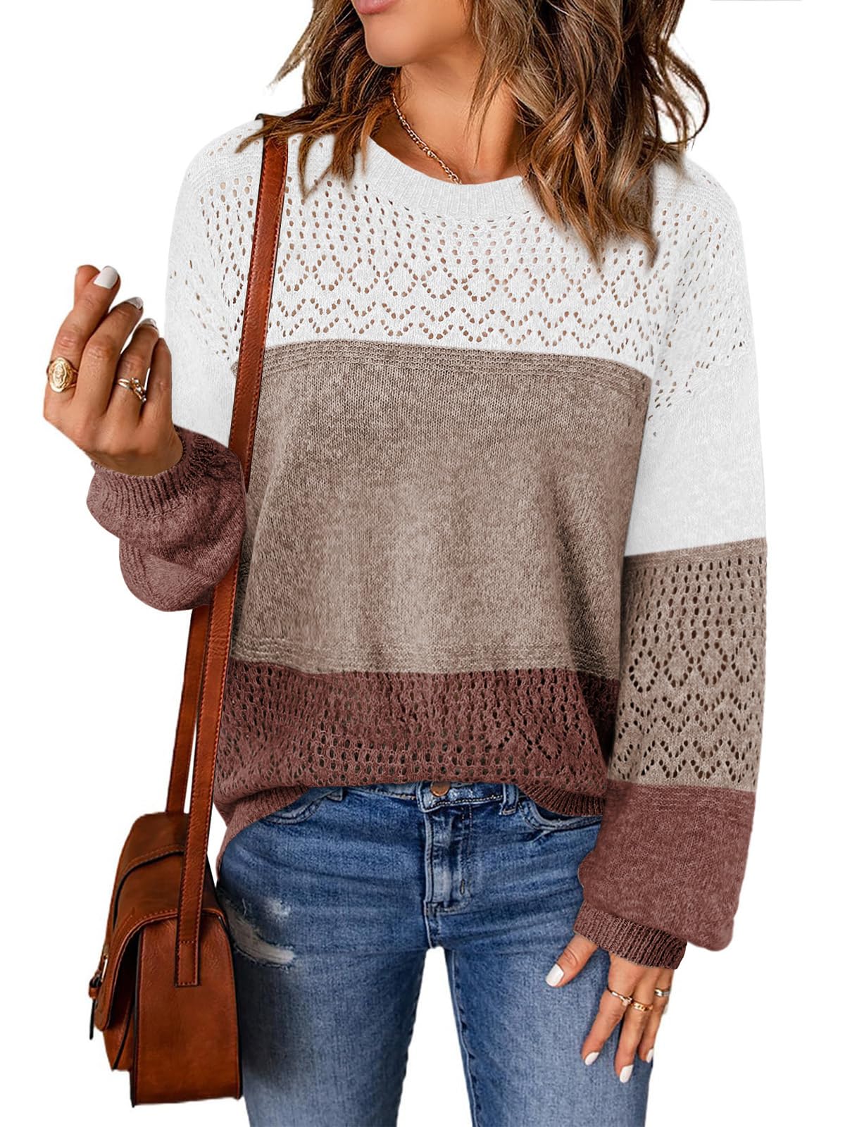 Lylinan Womens Sweaters Casual Boho Long Sleeve Shirts Crewneck Lightweight Crochet Tops Pullover Knit Sweater